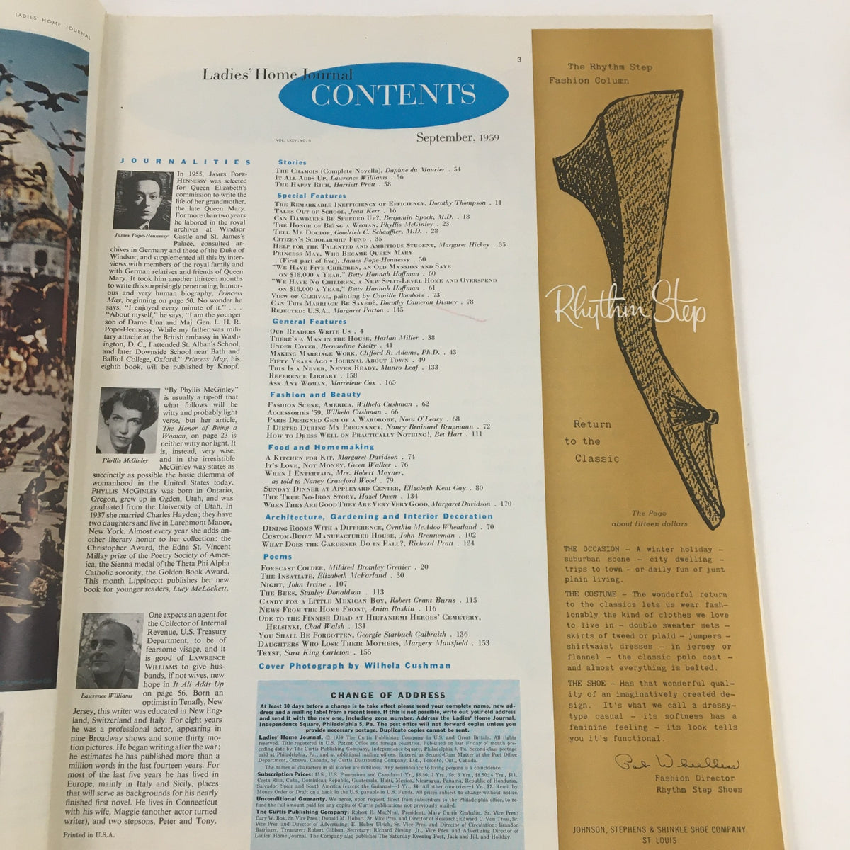 Inside page of Ladies' Home Journal Magazine September 1959 displaying the table of contents. The page lists articles and features present in that issue, including the featured novella.