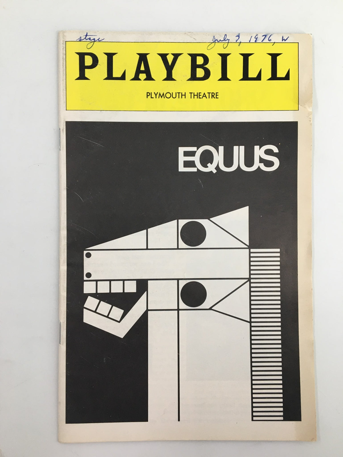 1976 Playbill from Plymouth Theatre for the play Equus featuring a minimalist design with a horse head graphic.