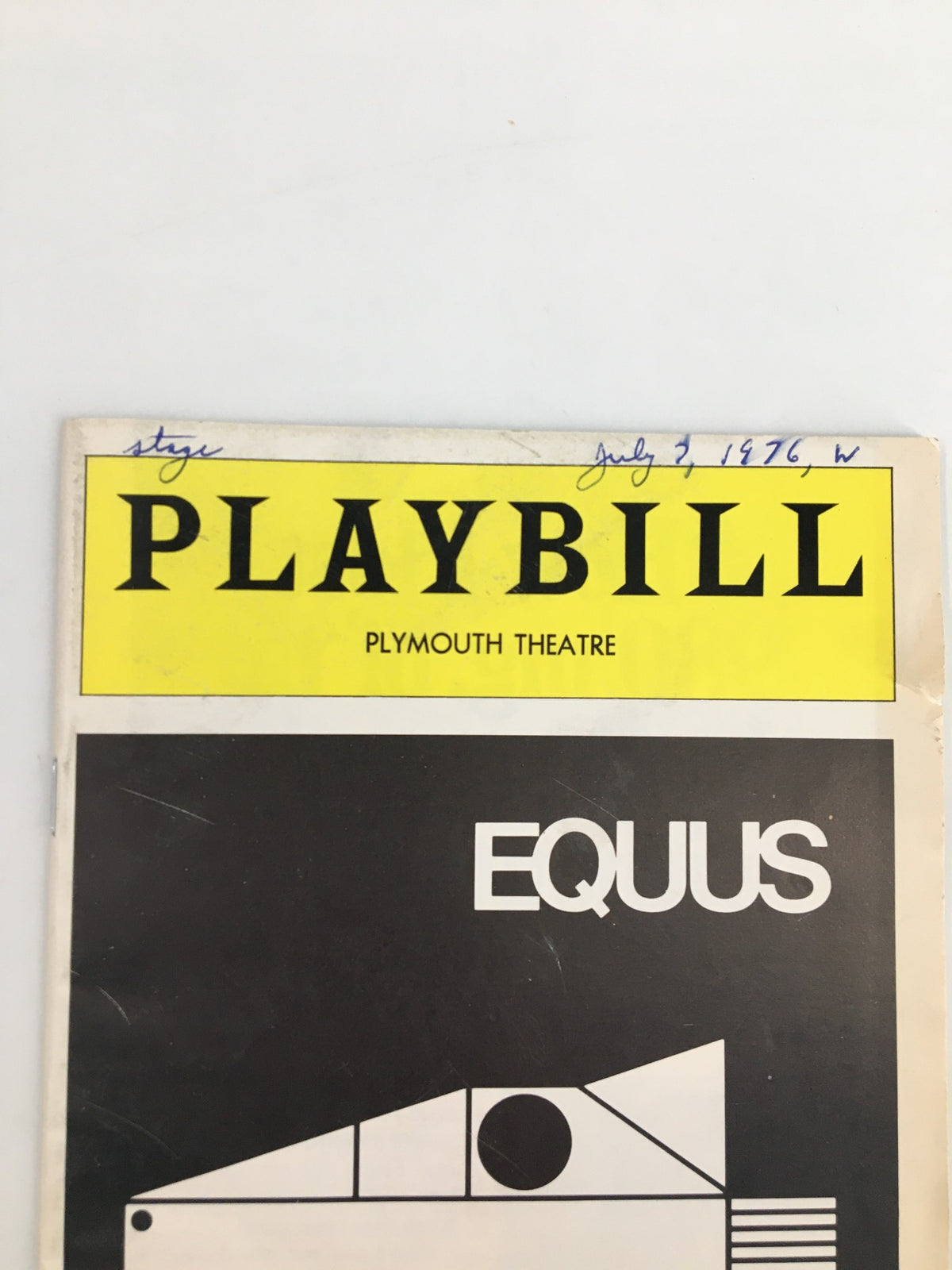 Close-up of the 1976 Playbill from Plymouth Theatre for Equus, highlighting the title and production details.