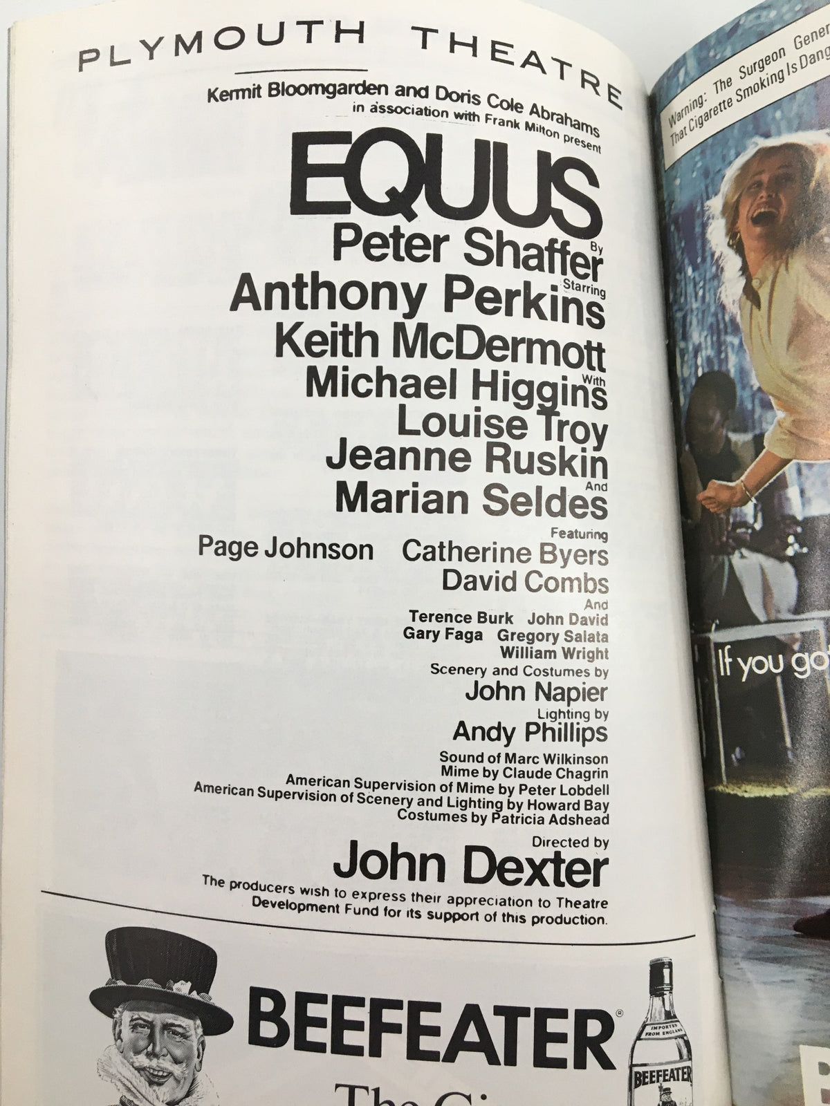 Another interior page of the 1976 Playbill from Plymouth Theatre for Equus, featuring cast and crew list along with theatre advertisements.