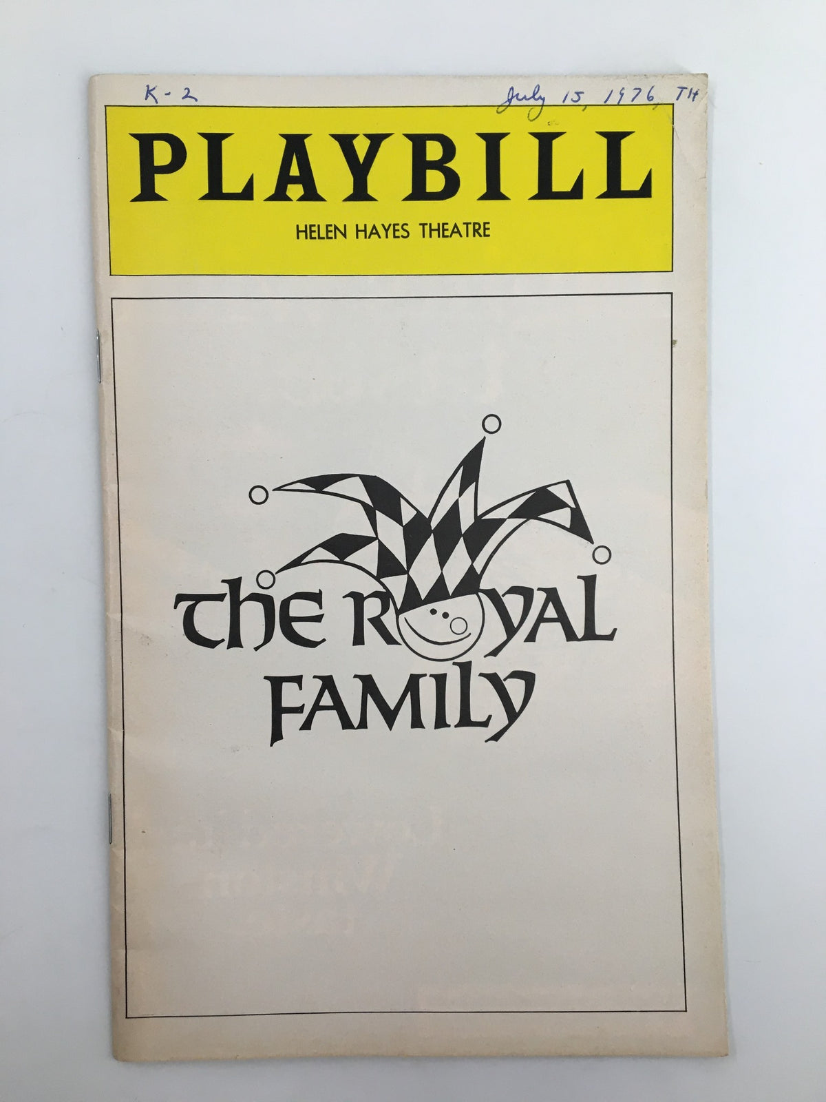 1976 Playbill from Helen Hayes Theatre featuring 'The Royal Family', showcasing a jester logo on the cover.