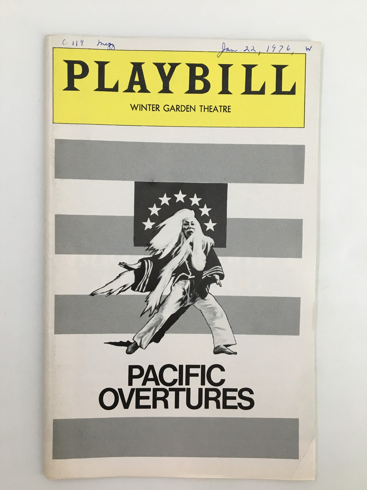 1976 Playbill Winter Garden Mako, Soon-Teck Oh in Pacific Overtures showcasing the cover featuring a dramatic illustration on a background of stripes and stars.