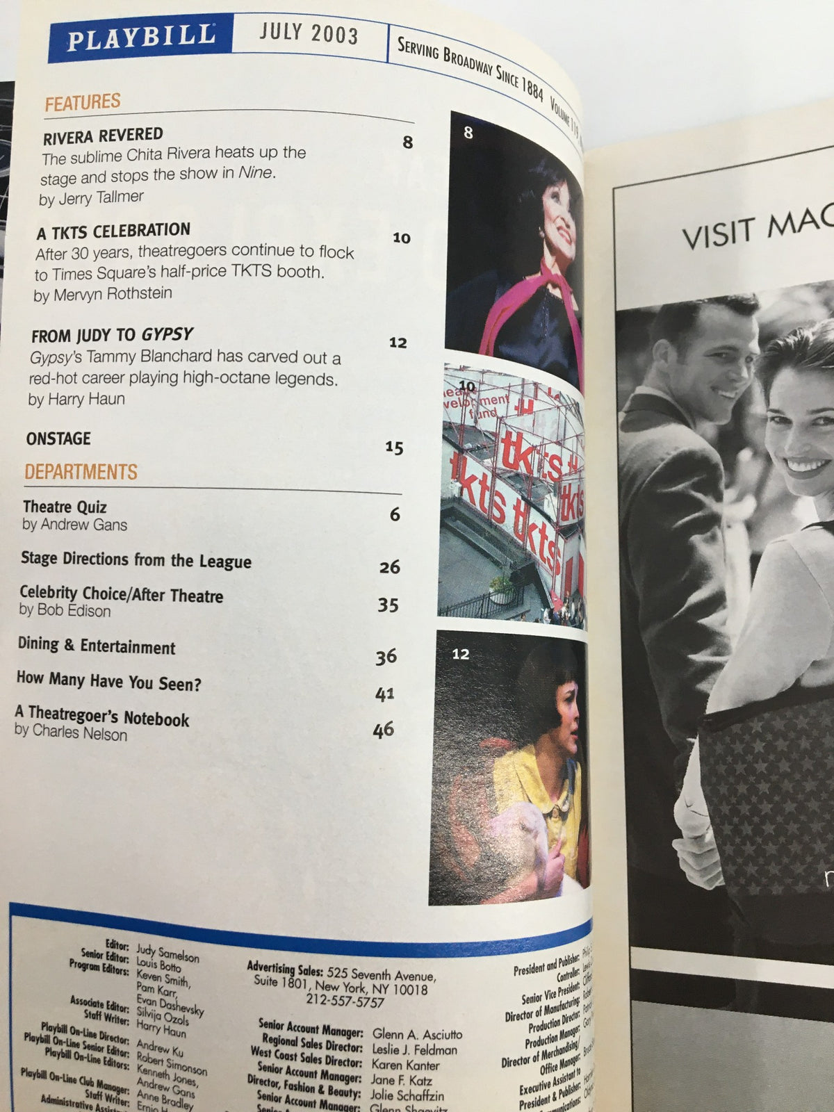 Inside page of the July 2003 Playbill, serving Broadway, including various articles and features related to theater.