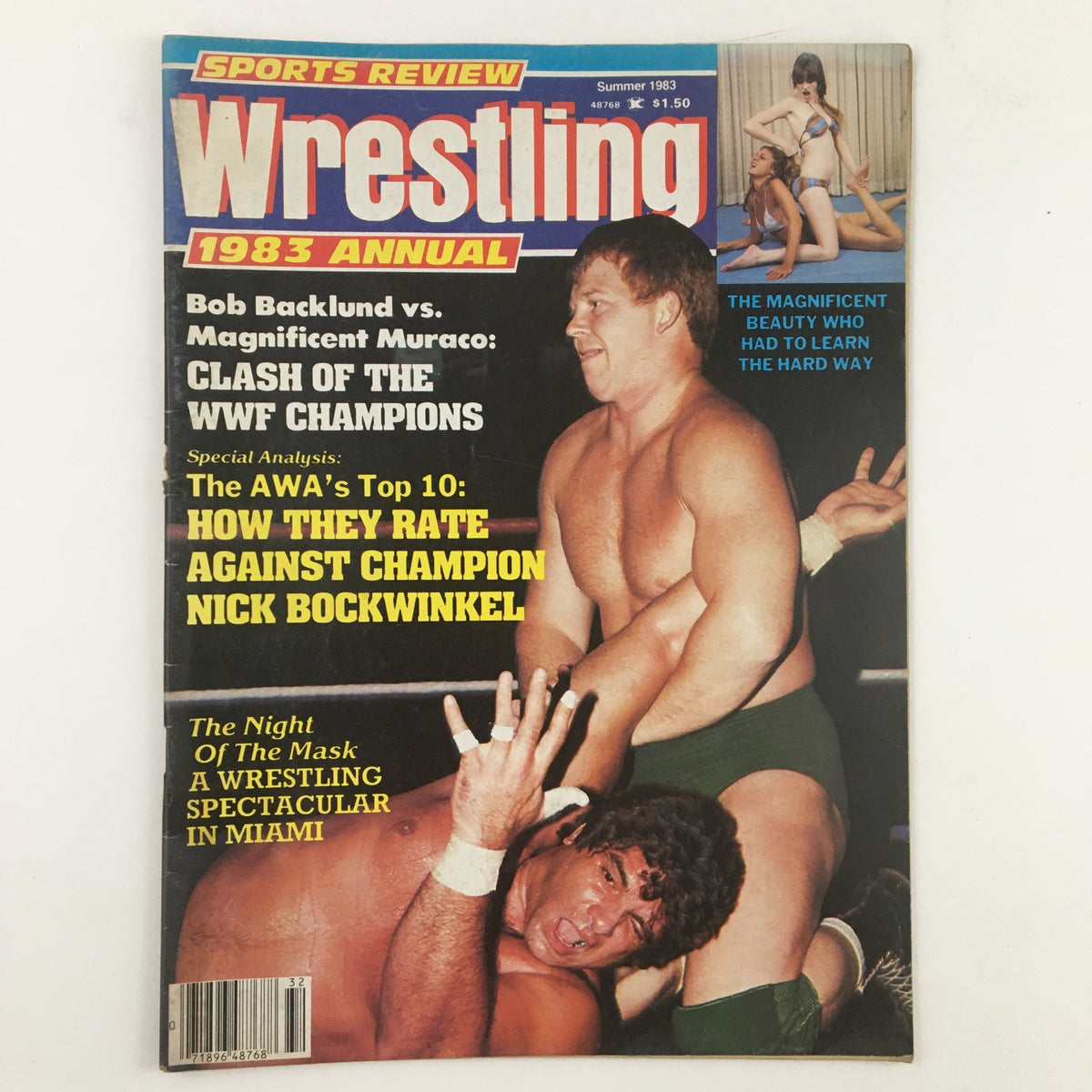Cover of Sports Review Wrestling Magazine Summer 1983 showcasing Bob Backlund vs Magnificent Muraco with vibrant graphics and headlines.