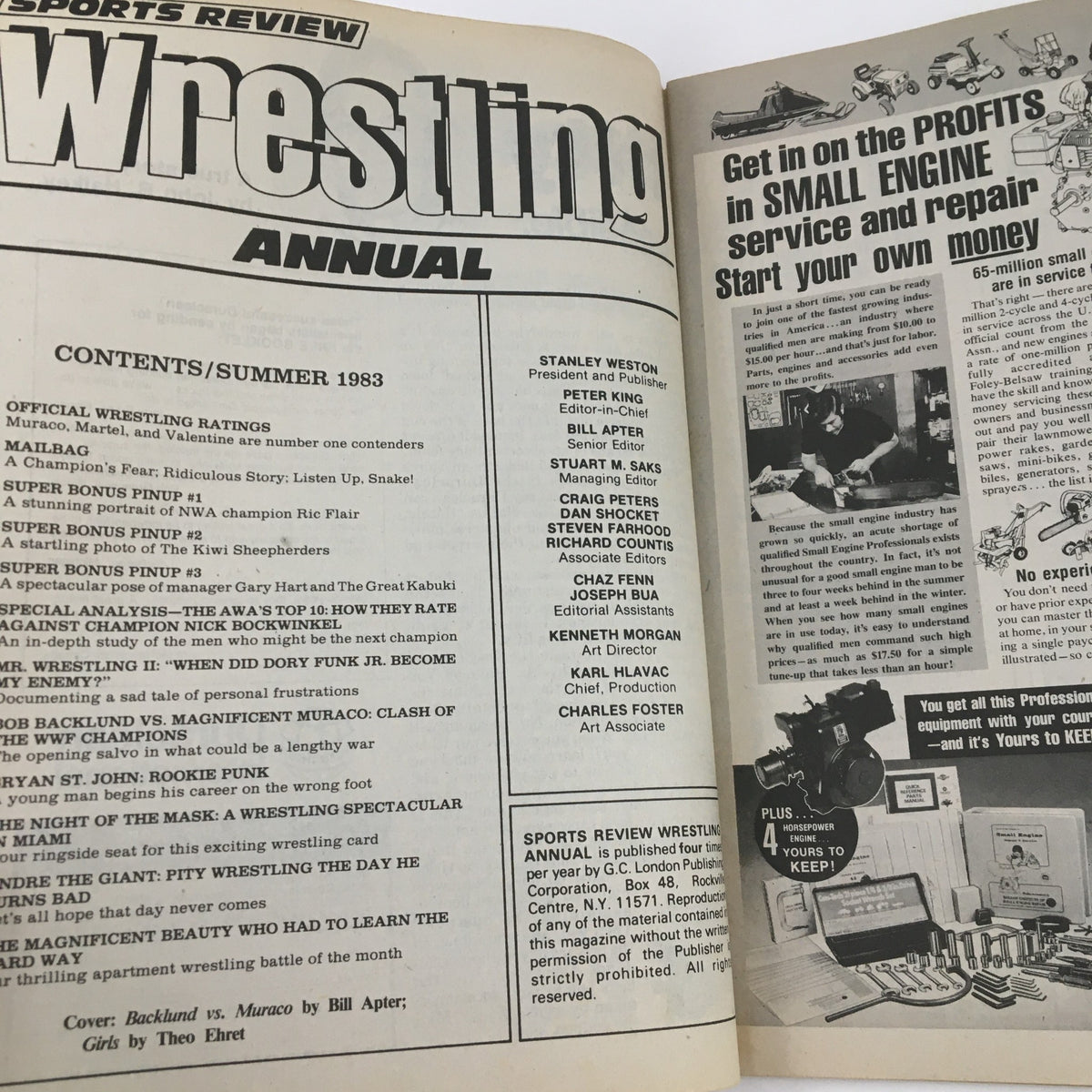Interior page of Sports Review Wrestling Magazine Summer 1983 featuring the contents list and articles about wrestling events and analysis.