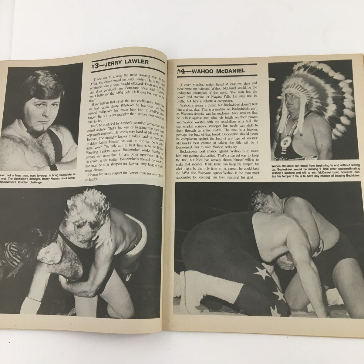 Interior page of Sports Review Wrestling Magazine Summer 1983 highlighting wrestlers Jerry Lawler and Wahoo McDaniel with detailed descriptions of their wrestling careers.
