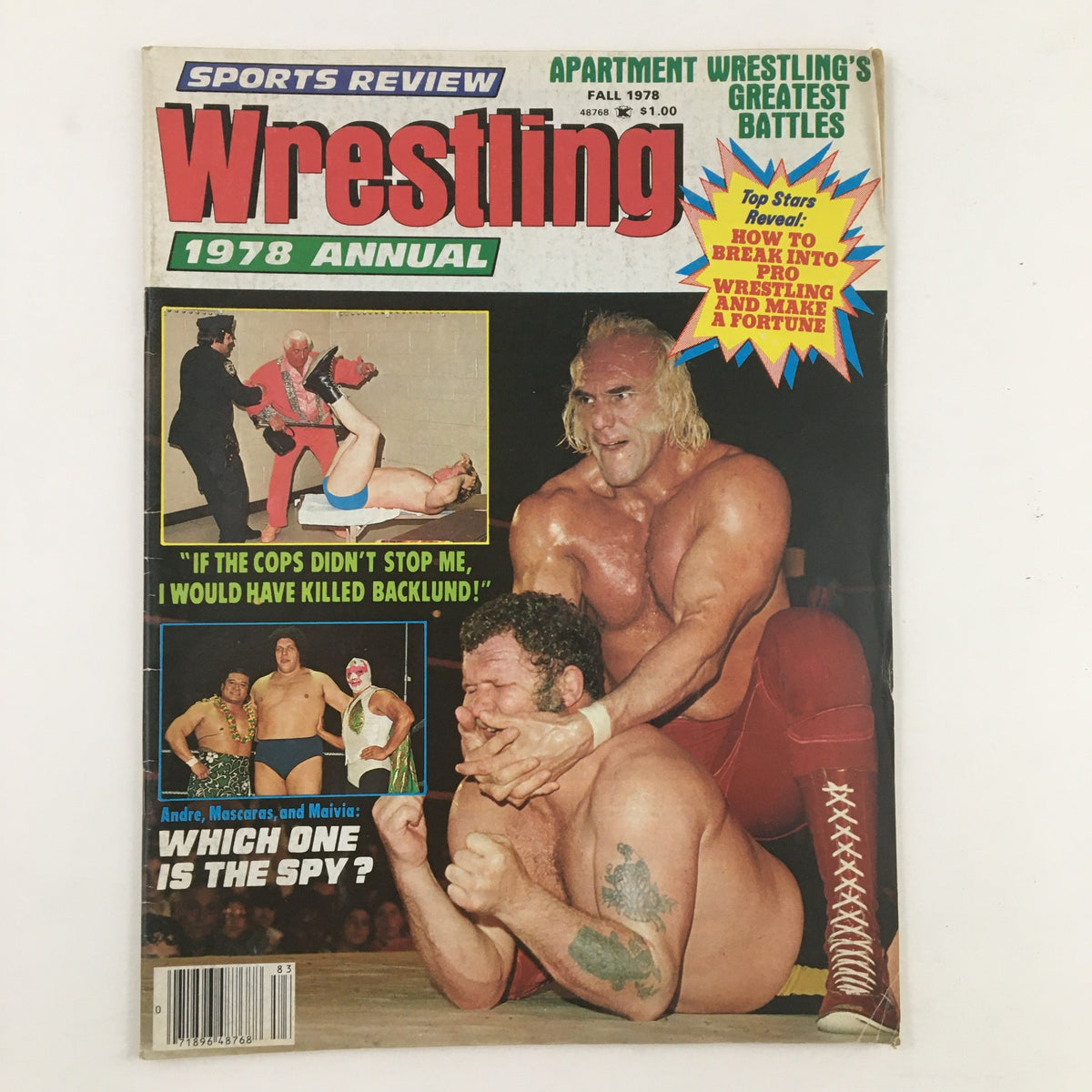 Cover of Sports Review Wrestling Magazine 1978 featuring wrestling legends Andre the Giant and Hulk Hogan, showcasing intense wrestling action and promotional content.