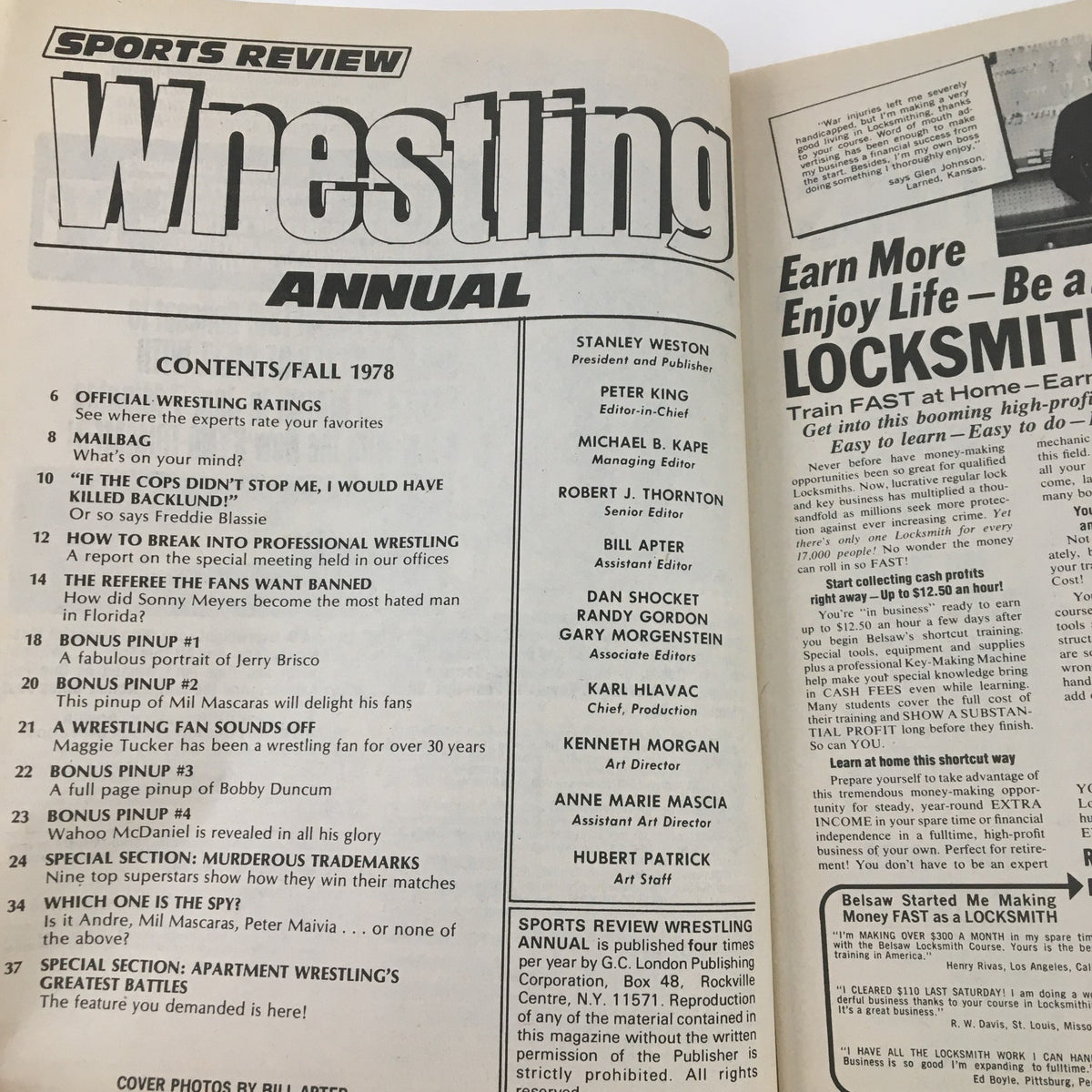 Inside page of the Sports Review Wrestling Magazine 1978, featuring the table of contents and editorial details for Fall 1978.
