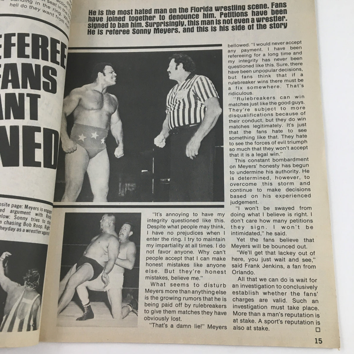 A feature article from the Sports Review Wrestling Magazine 1978 discussing the reputation of referee Sonny Meyers amidst fan controversies.