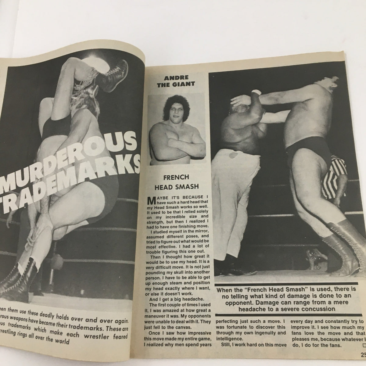 An article on Andre the Giant in the Sports Review Wrestling Magazine 1978, showcasing his iconic wrestling move, the French Head Smash.