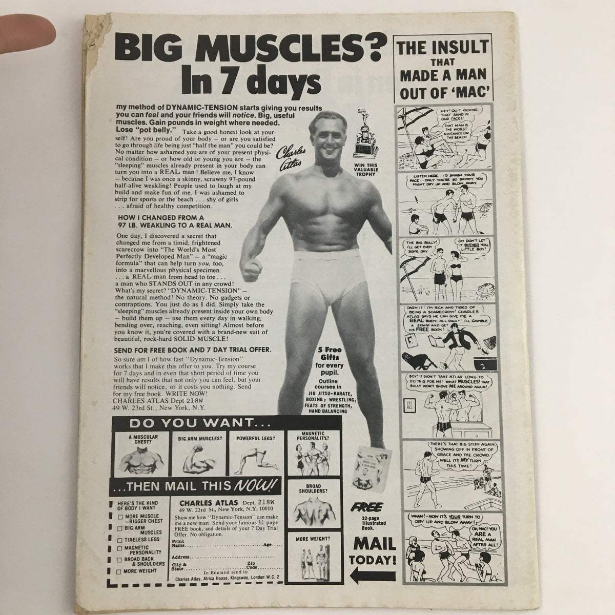 Back cover of the Sports Review Wrestling Magazine 1978, advertising Charles Atlas's fitness program with illustrations and promotional text.