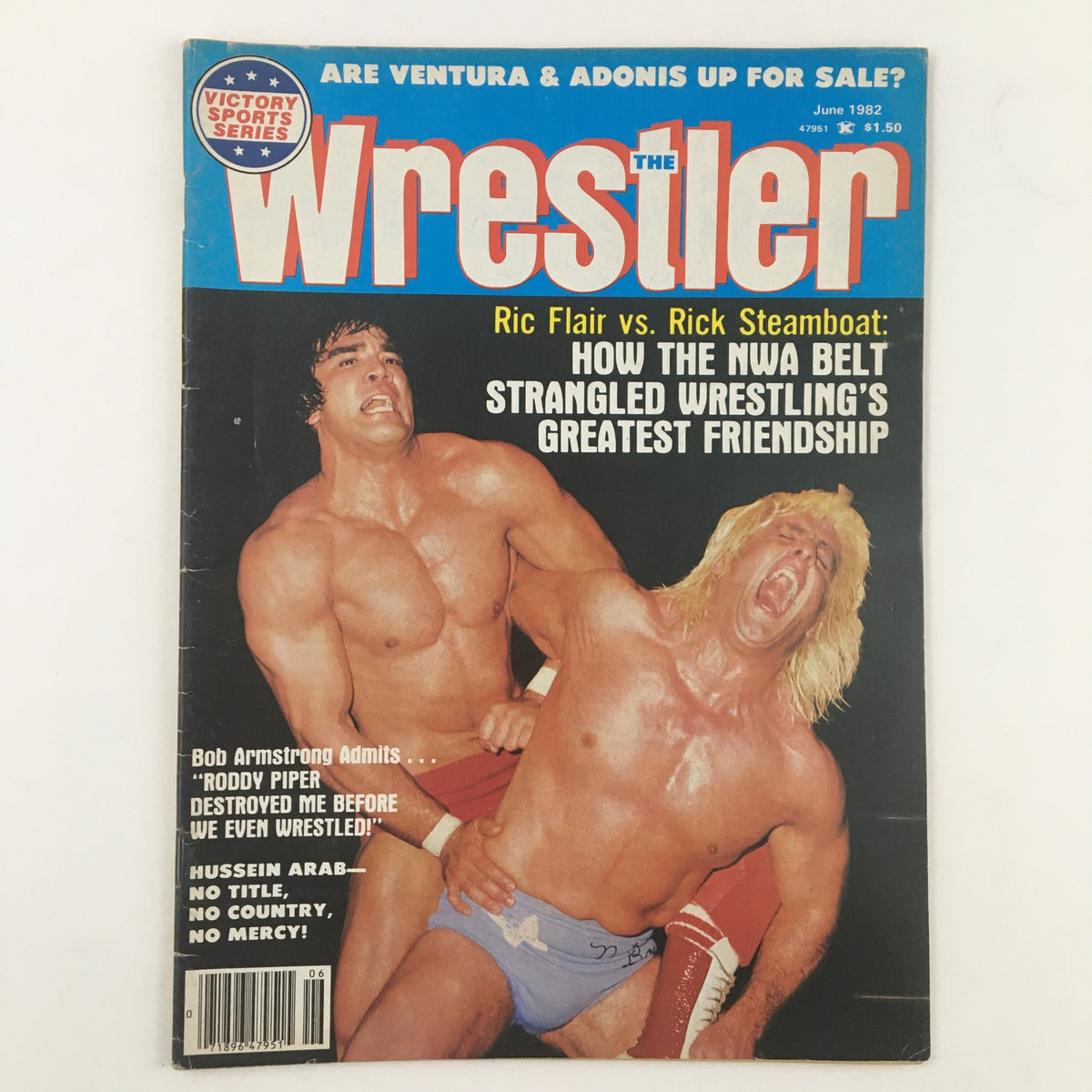 Cover of The Wrestler Magazine June 1982 featuring Ric Flair vs Ricky Steamboat, highlighting their rivalry and the NWA Belt.