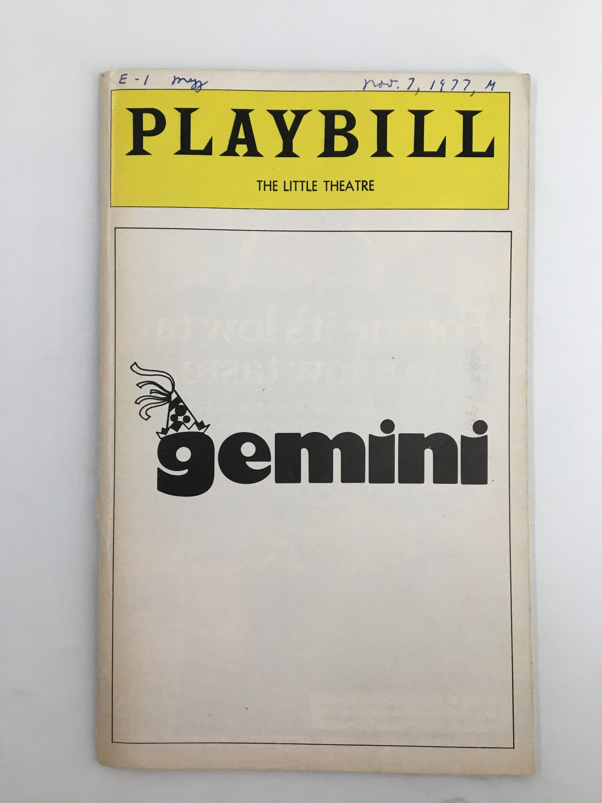 1977 Playbill The Little Theatre featuring the play Gemini, with distinctive yellow header and playful graphics.