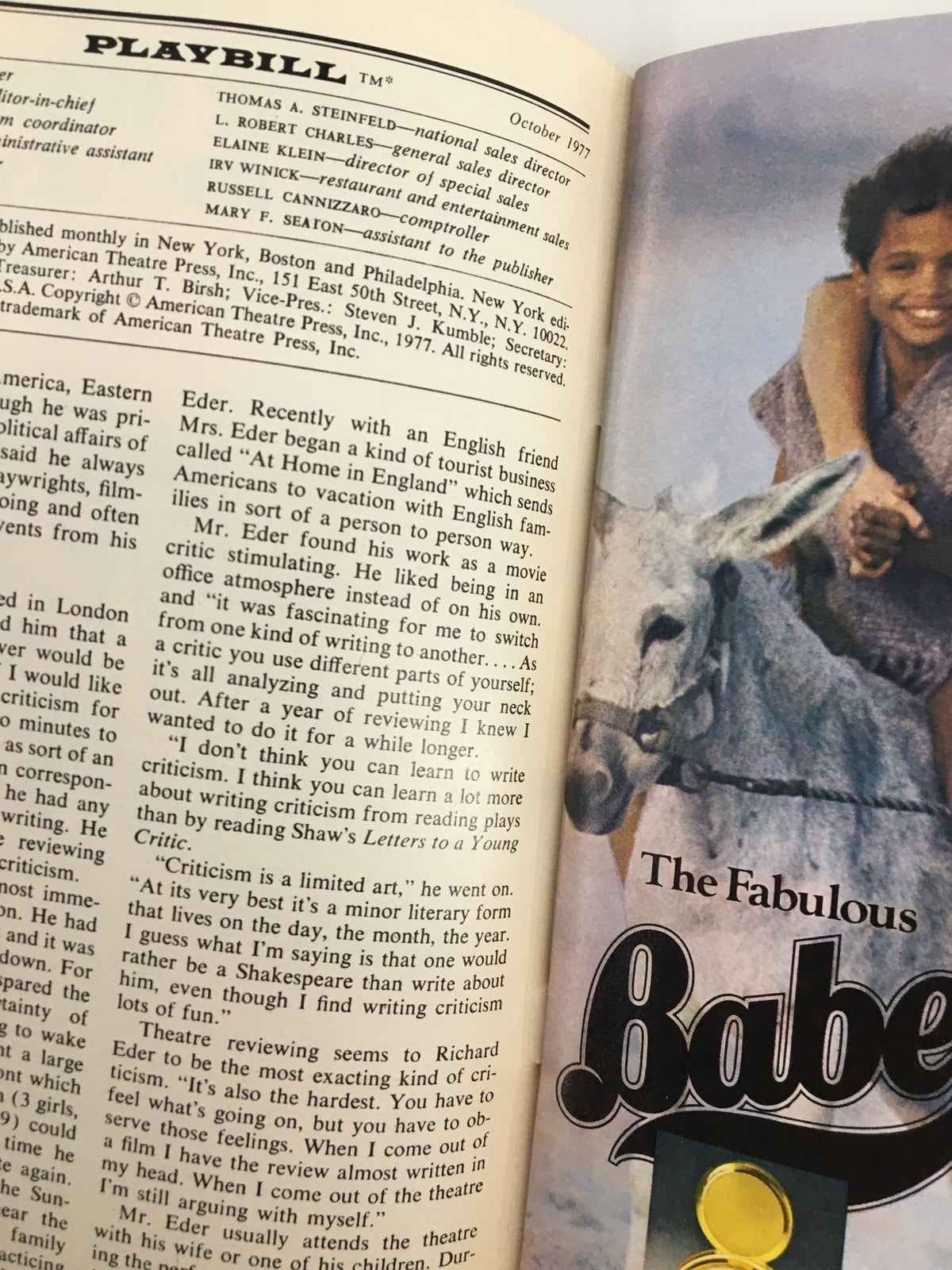 Inside view of the 1977 Playbill The Little Theatre for Gemini, showcasing articles and features from October 1977.