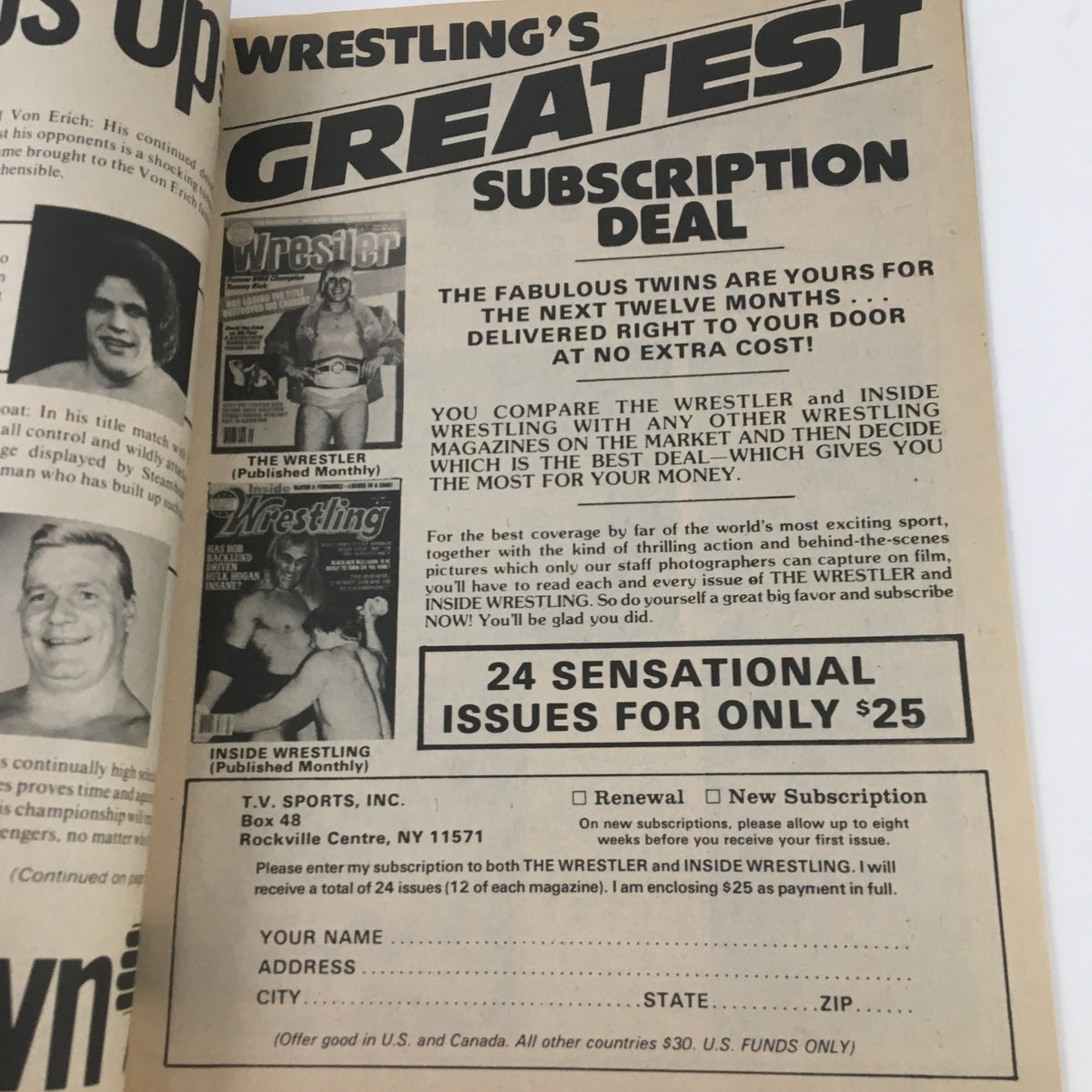 Subscription advertisement page from The Wrestler Magazine June 1982 promoting a deal for wrestling enthusiasts.