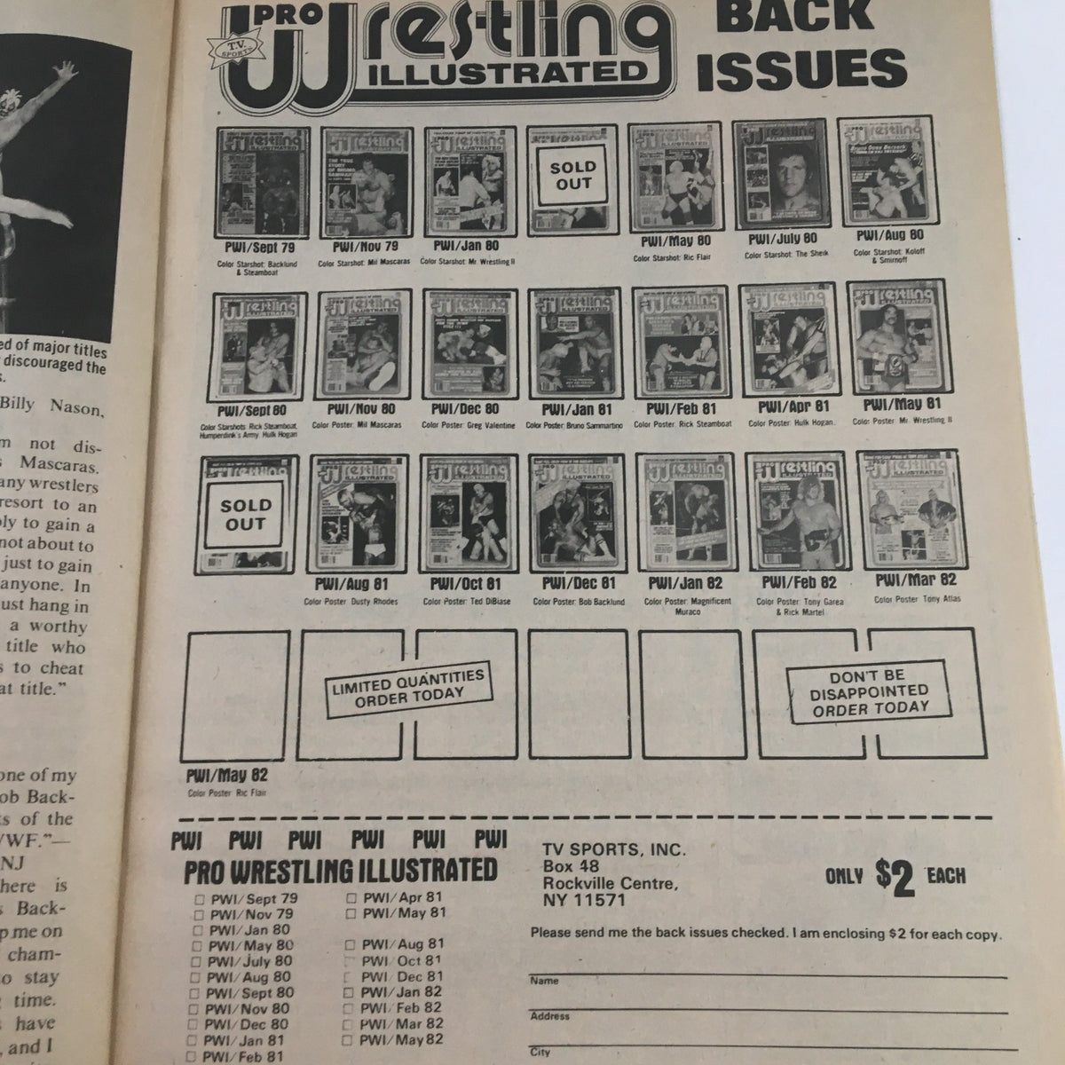 A page from The Wrestler Magazine June 1982 showcasing back issues of Pro Wrestling Illustrated, featuring sold out issues and details for ordering vintage wrestling magazines.