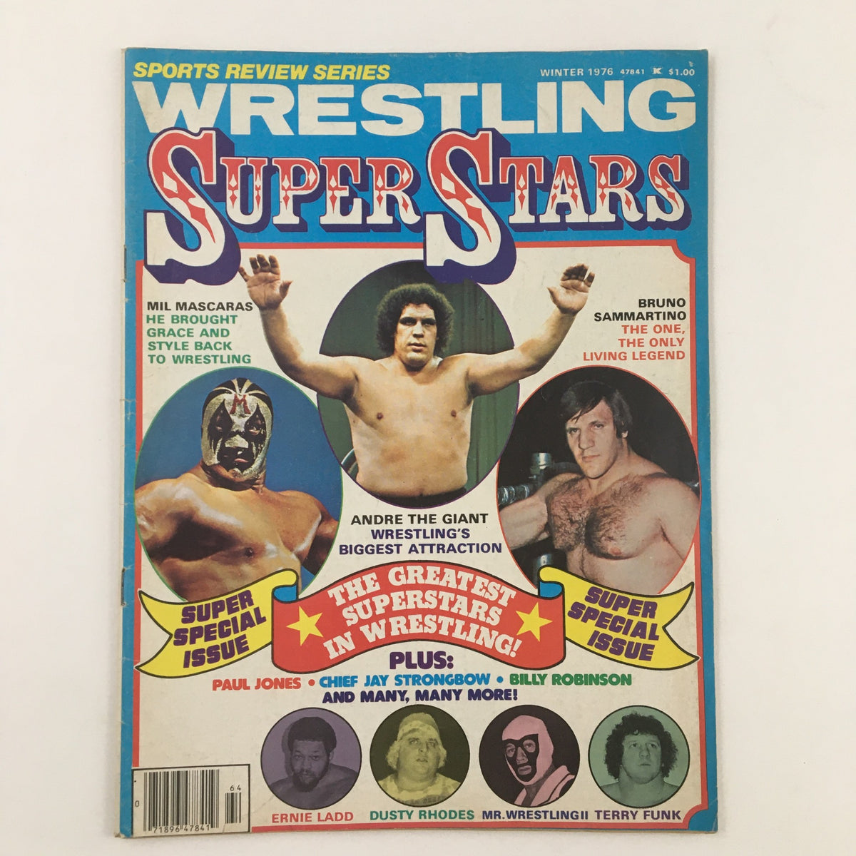 Cover of Wrestling Super Stars Magazine Winter 1976 featuring Andre the Giant and Bruno Sammartino, showcasing iconic wrestling legends and highlighting notable wrestlers.