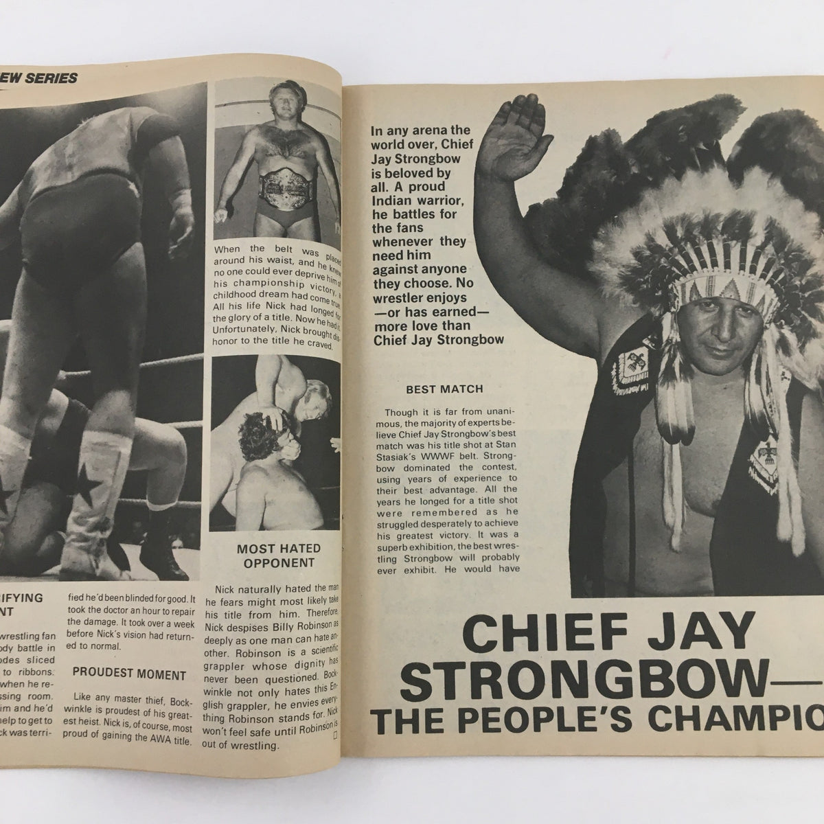 Interior page of Wrestling Super Stars Magazine Winter 1976 featuring Chief Jay Strongbow, highlighting his achievements and popularity in the wrestling community.
