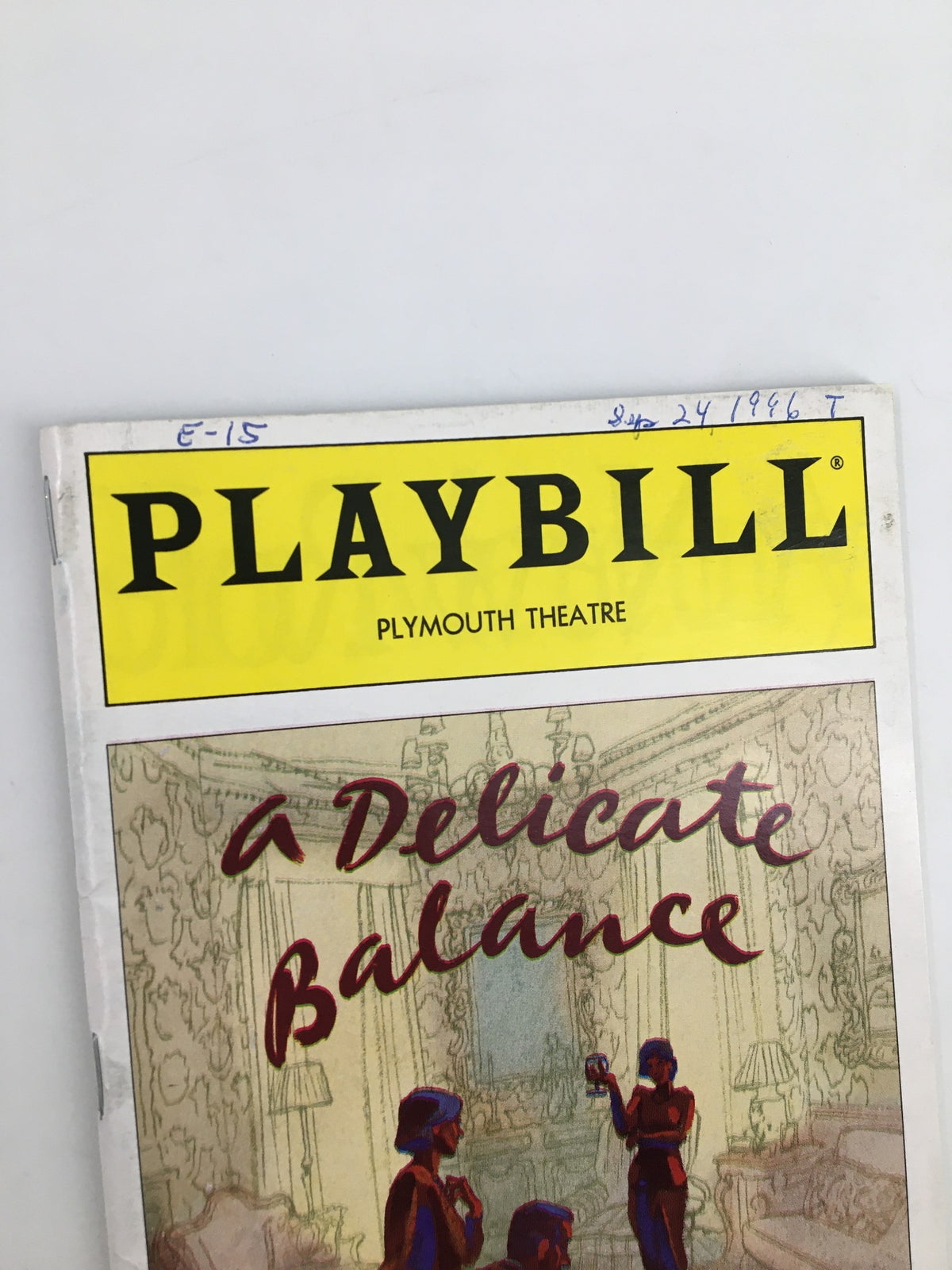 1996 Playbill Plymouth Theatre featuring 'A Delicate Balance' by Edward Albee, showcasing the vibrant cover with the title prominently displayed.