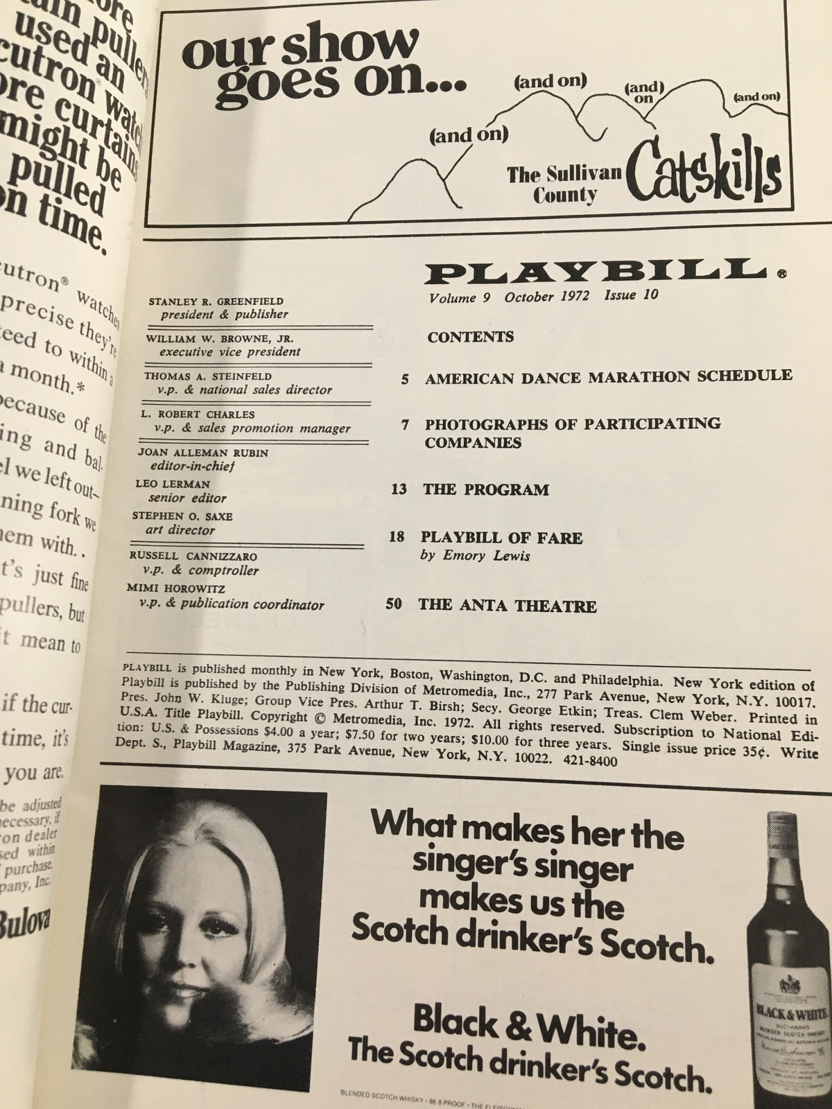 Inside page of the 1972 Playbill from Anta Theatre listing the contents and program schedule for the show 'American Dance Marathon '72'.