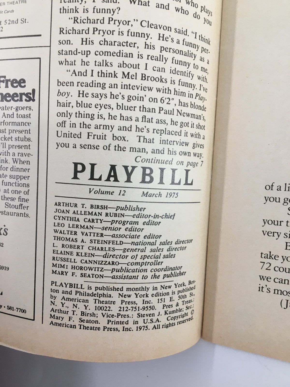 Interior page of the 1975 Playbill Alvin Theatre displaying credits and contributors for the 'Shenandoah' musical.