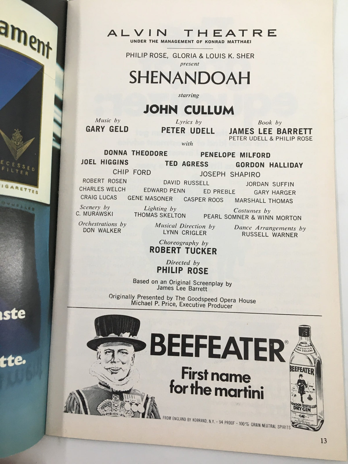 Page from the 1975 Playbill Alvin Theatre highlighting the 'Shenandoah' cast, including John Cullum, with additional advertisements.