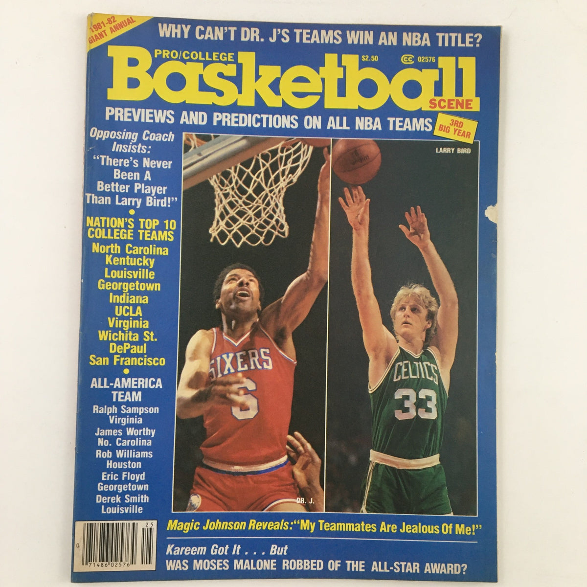 1981-1982 Pro College Basketball Scene magazine cover featuring basketball legends Julius Erving and Larry Bird, showcasing forecasts for all NBA teams.