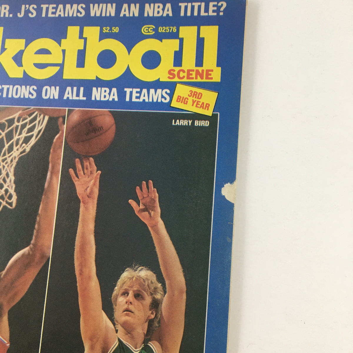 Close-up of the 1981-1982 Pro College Basketball Scene magazine cover, highlighting Larry Bird's shooting pose alongside Julius Erving.