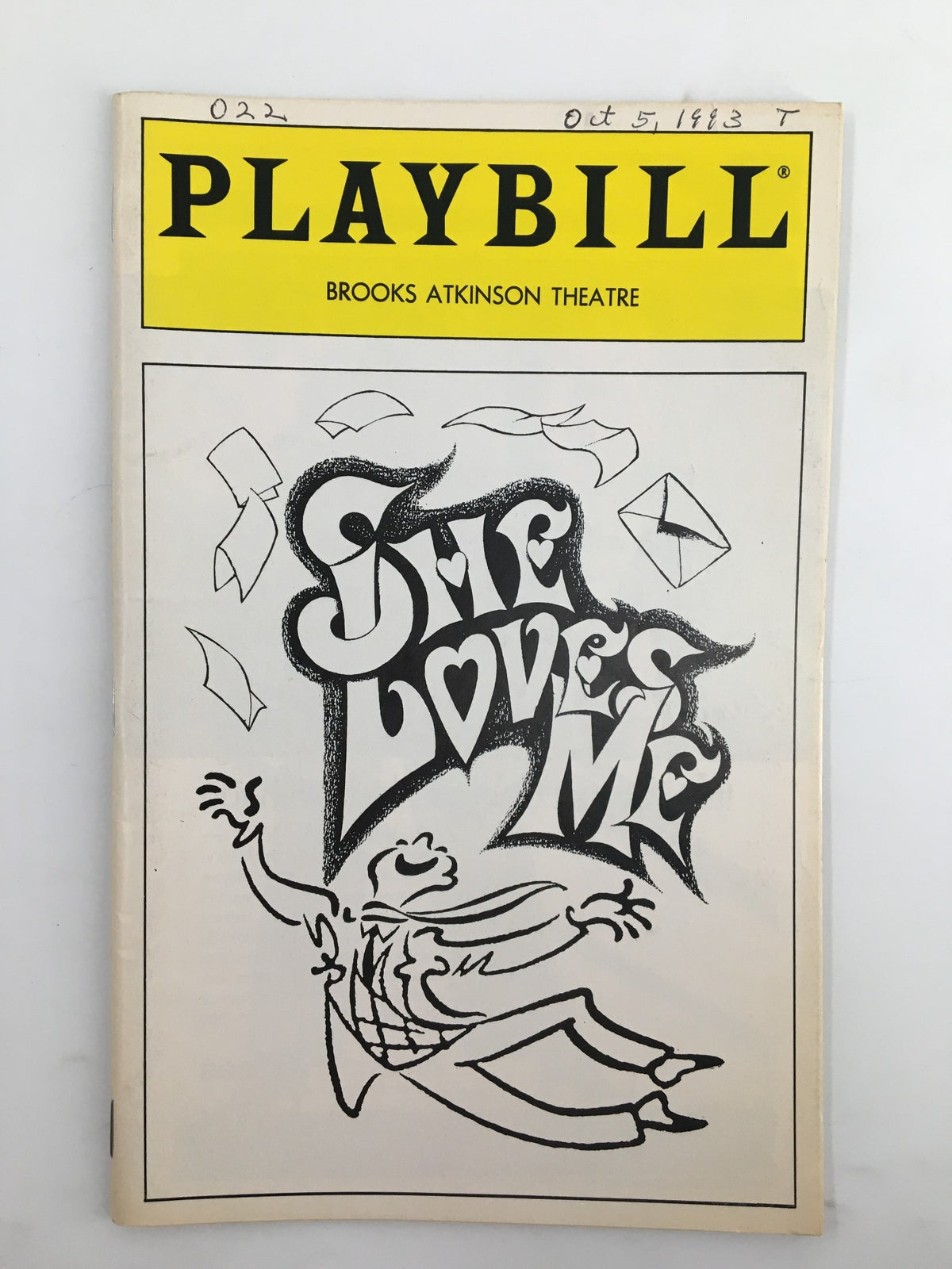 1993 Playbill for 'She Loves Me' at Brooks Atkinson Theatre featuring a whimsical cover design with a character in a tuxedo.