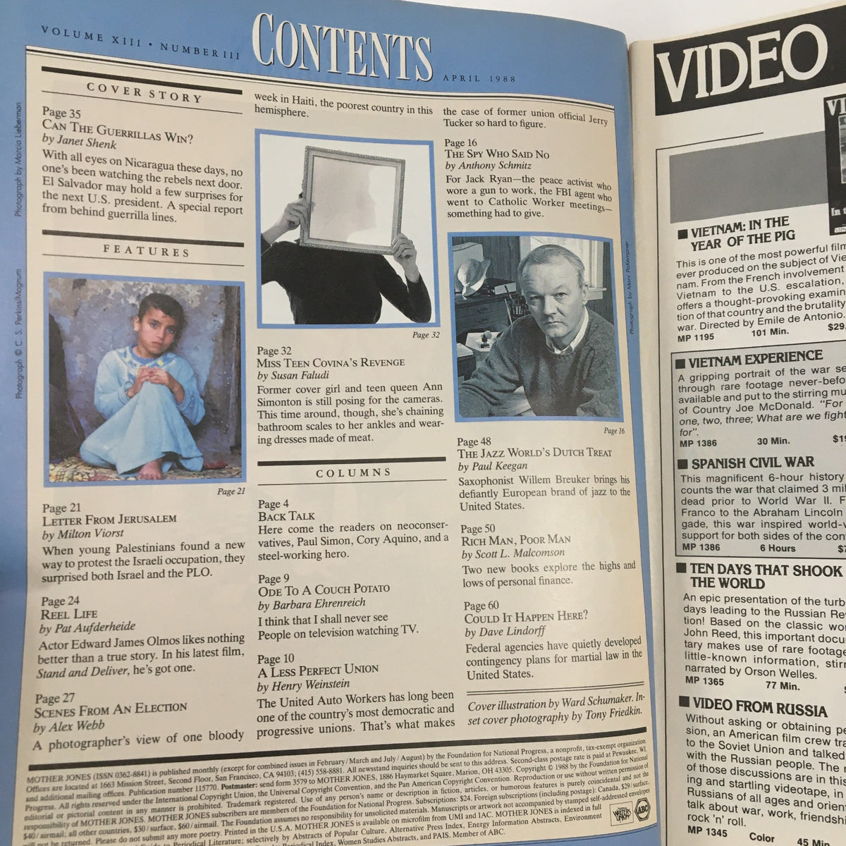 Table of contents from Mother Jones Magazine April 1988, showcasing various articles and features, including discussions on guerrilla warfare, societal issues, and cultural commentary.