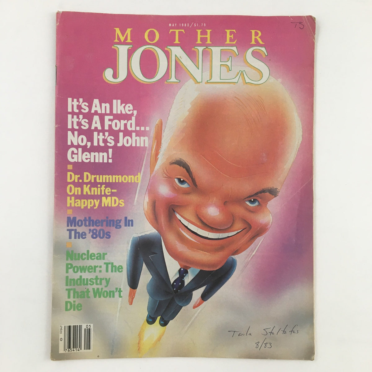 Mother Jones Magazine May 1983 cover featuring the headline 'Dr. Drummond On Knife-Happy MD's'. The vibrant artwork showcases a caricature of a smiling doctor, emphasizing the magazine's exploration of healthcare issues in the 1980s.