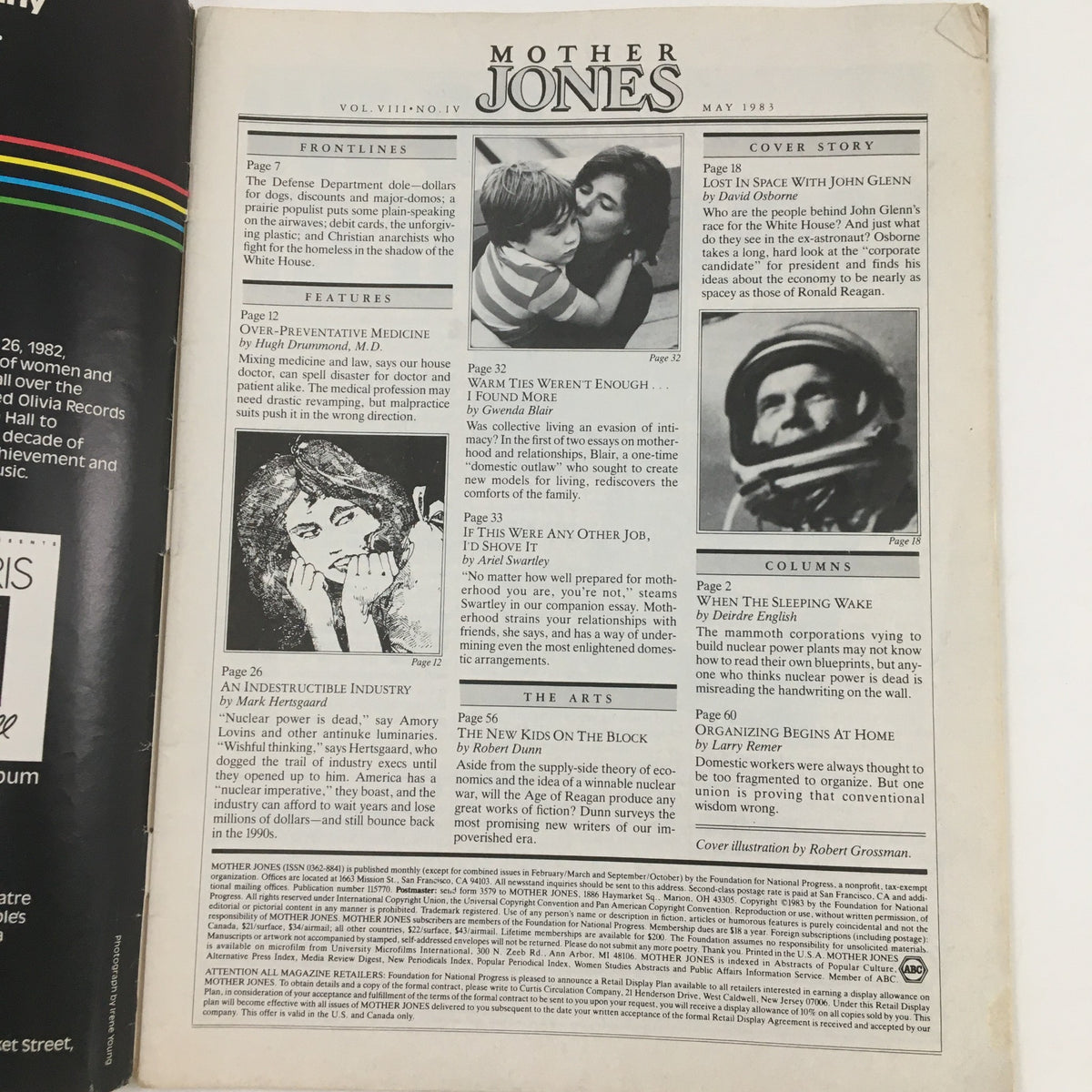 Interior page of the Mother Jones Magazine May 1983, featuring a table of contents that outlines various articles including 'Over-Preventative Medicine' and a cover story about John Glenn. This page reflects the magazine's focus on societal debates and critical issues of the time.