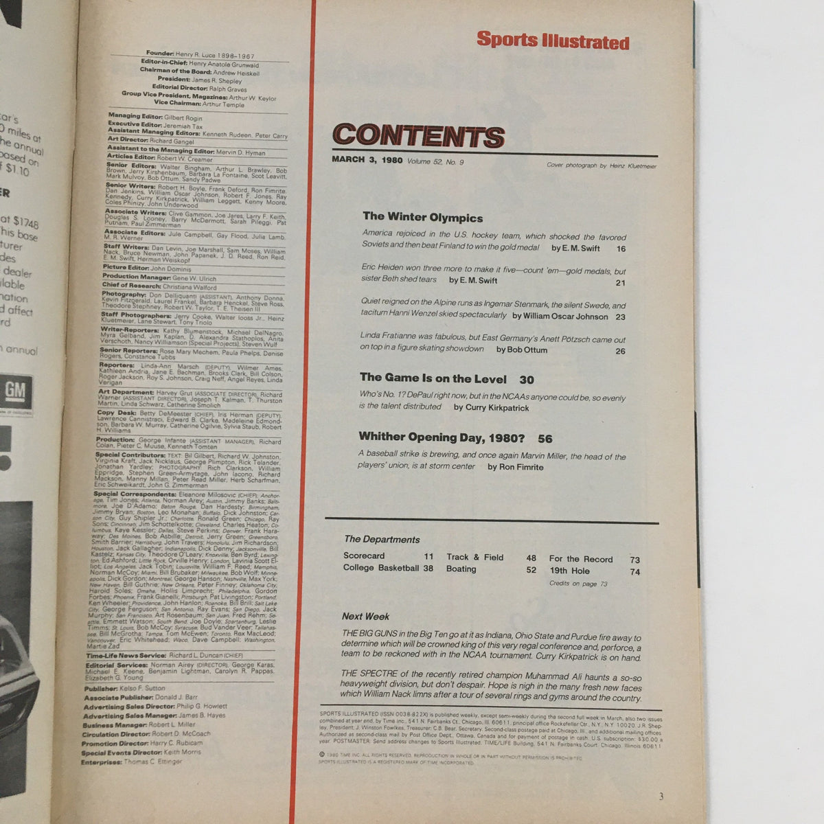Contents page of Sports Illustrated Magazine from March 3, 1980, featuring details on articles about the U.S. Hockey Team during the Winter Olympics and upcoming sports coverage. Perfect for collectors and sports enthusiasts.