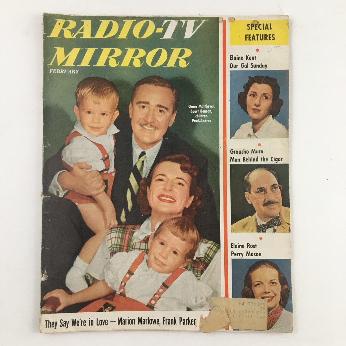 Cover of Radio TV Mirror Magazine, February 1953, featuring Grace Mathews, Court Benson, and children Paul and Andrea, showcasing vintage mid-20th century entertainment.