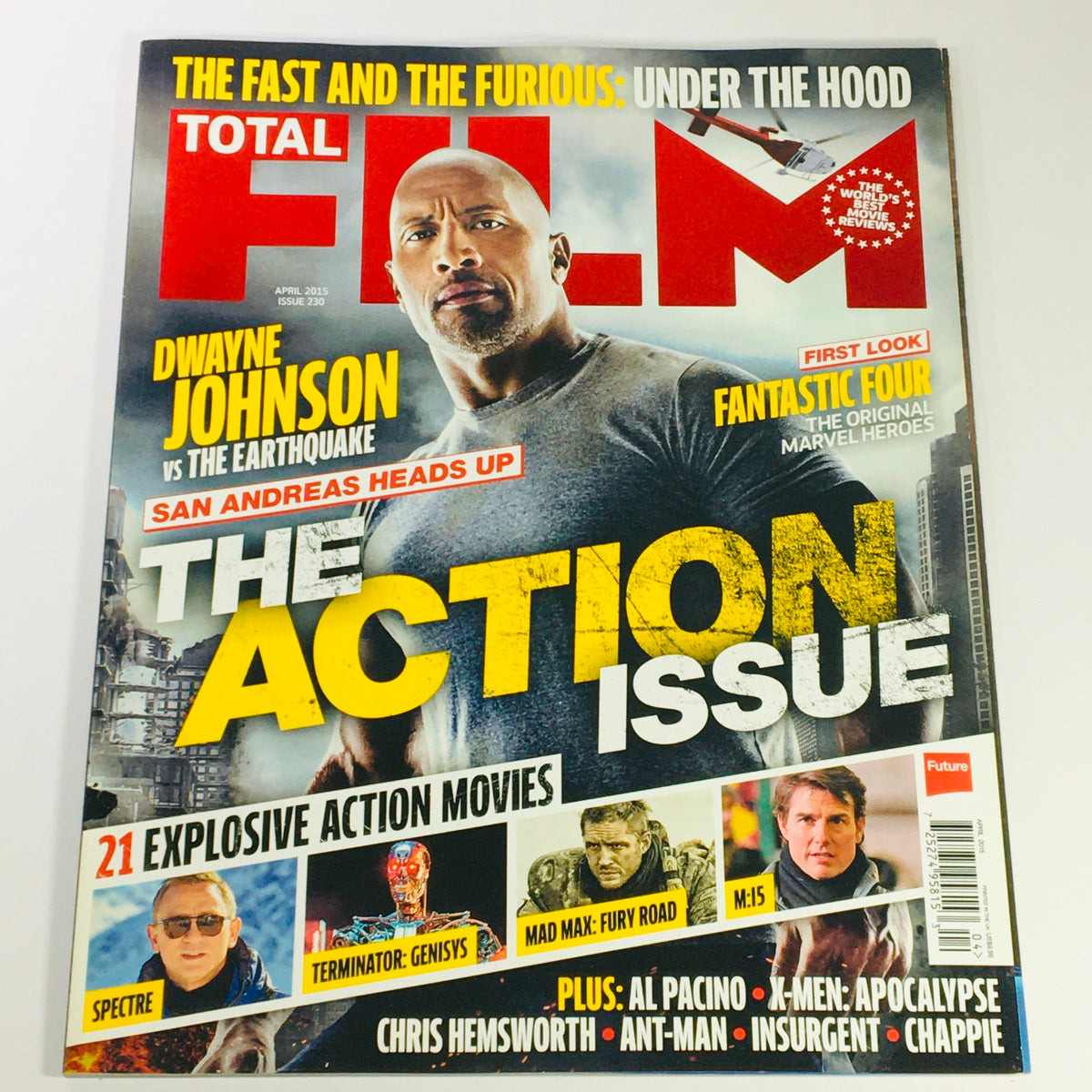 Total Film Magazine April 2015 #230 featuring Dwayne Johnson on the cover with a focus on action movies including 'Spectre', 'Terminator Genisys', and 'Mad Max: Fury Road'. A UK import collectible magazine for film enthusiasts.