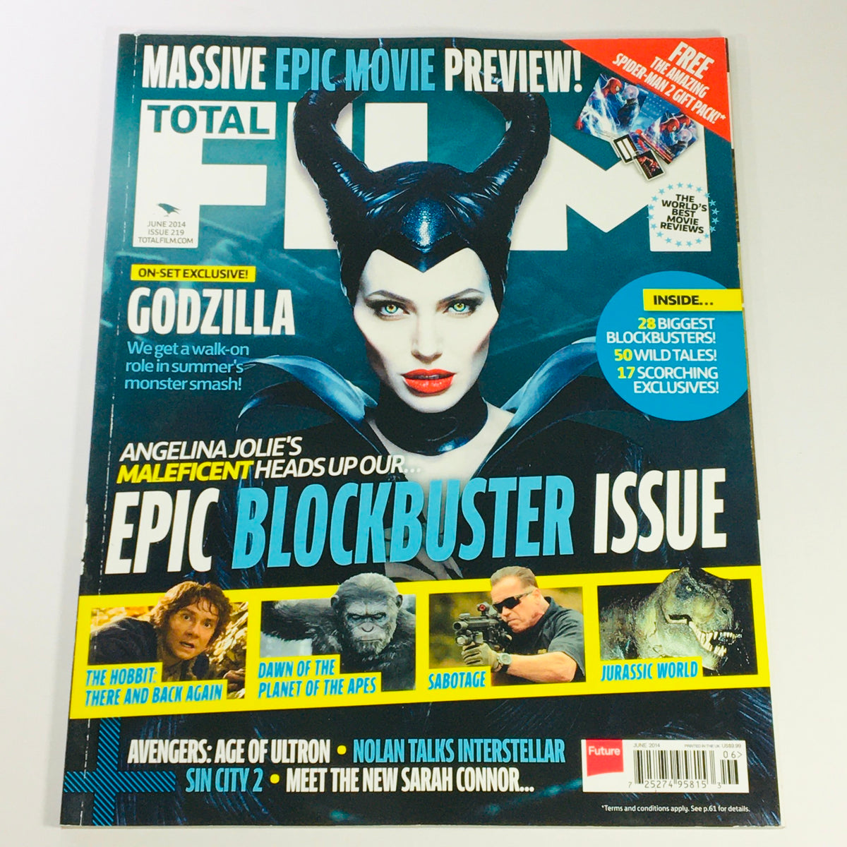Total Film Magazine June 2014 Cover featuring Angelina Jolie as Maleficent, showcasing an epic blockbuster issue with highlights on Godzilla, The Hobbit, and other major films.
