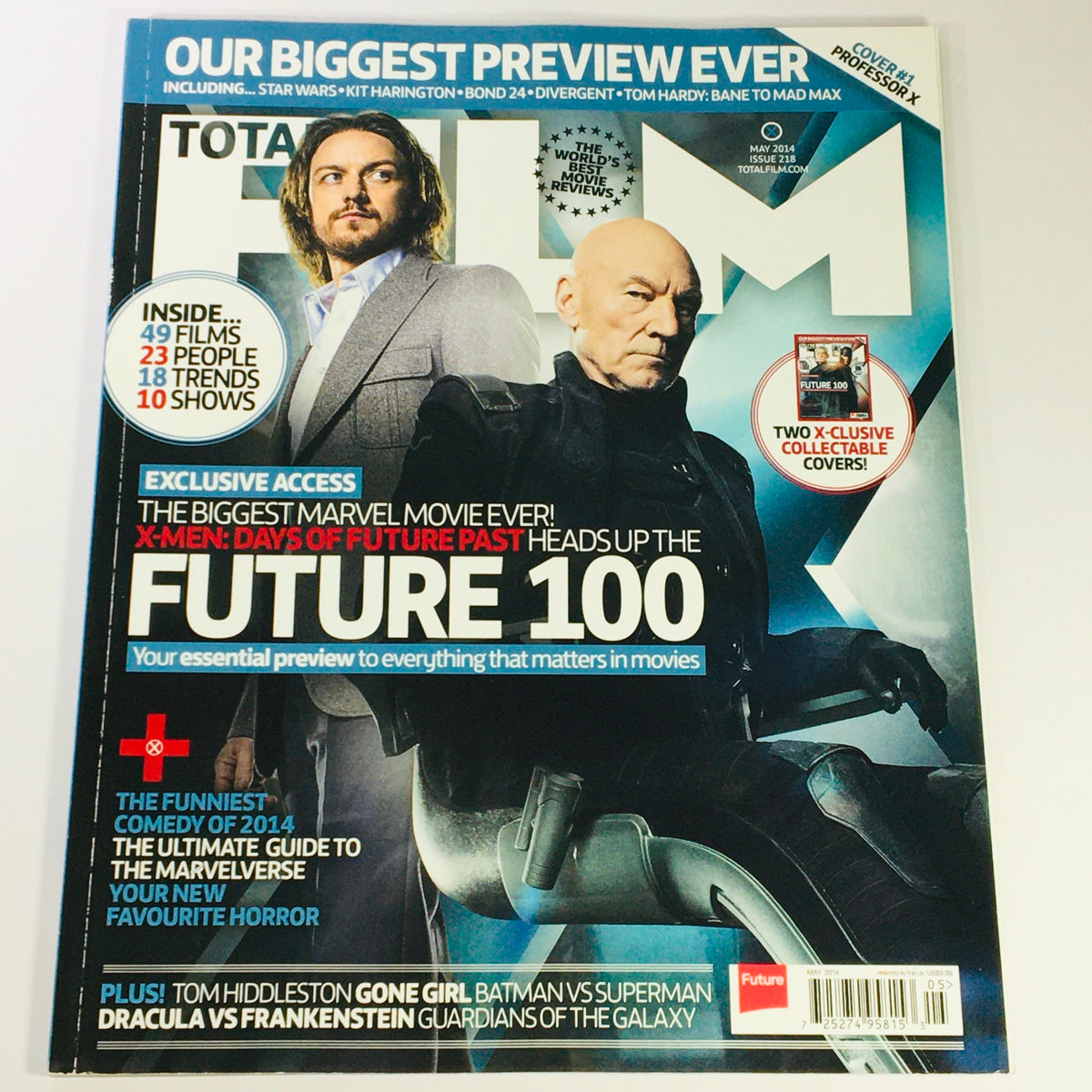 Total Film Magazine May 2014 cover showcasing prominent actors James McAvoy and Patrick Stewart, featuring exclusive insights on X-Men: Days of Future Past and upcoming films.