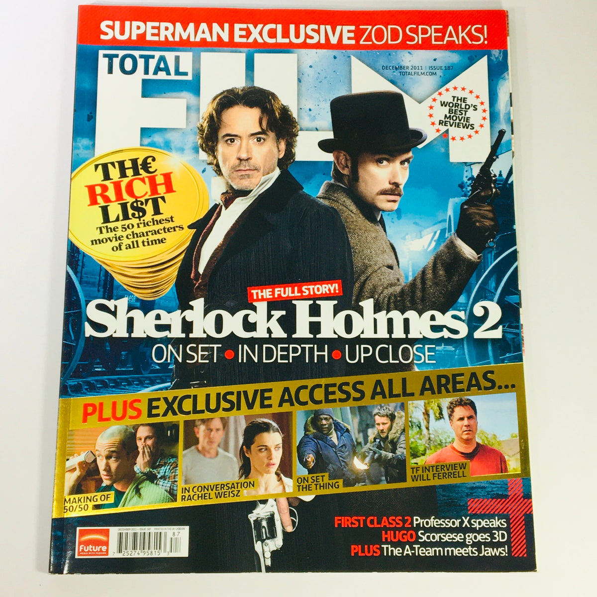Total Film Magazine December 2011 #187 featuring Robert Downey Jr. as Sherlock Holmes on the cover. Highlights include exclusive content about 'Sherlock Holmes 2', interviews, and film industry insights.