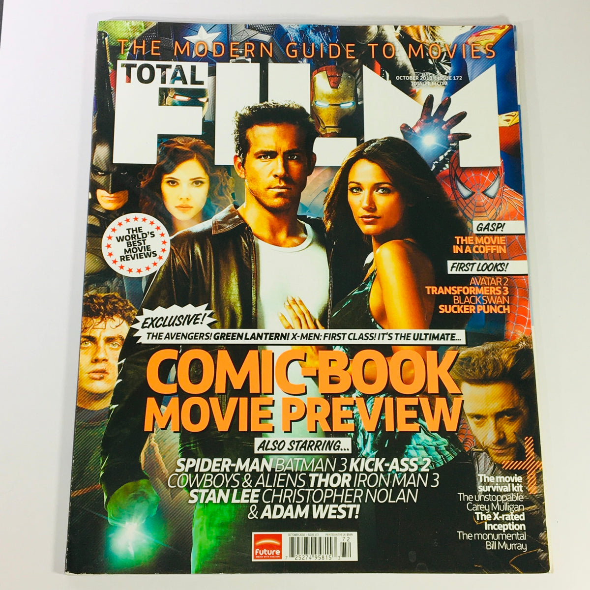 Total Film Magazine October 2010, Issue #172 featuring Ryan Reynolds and Blake Lively on the cover, highlighting comic book movie previews including Spider-Man, Batman, and Iron Man, and showcasing iconic film trends of the early 2010s.