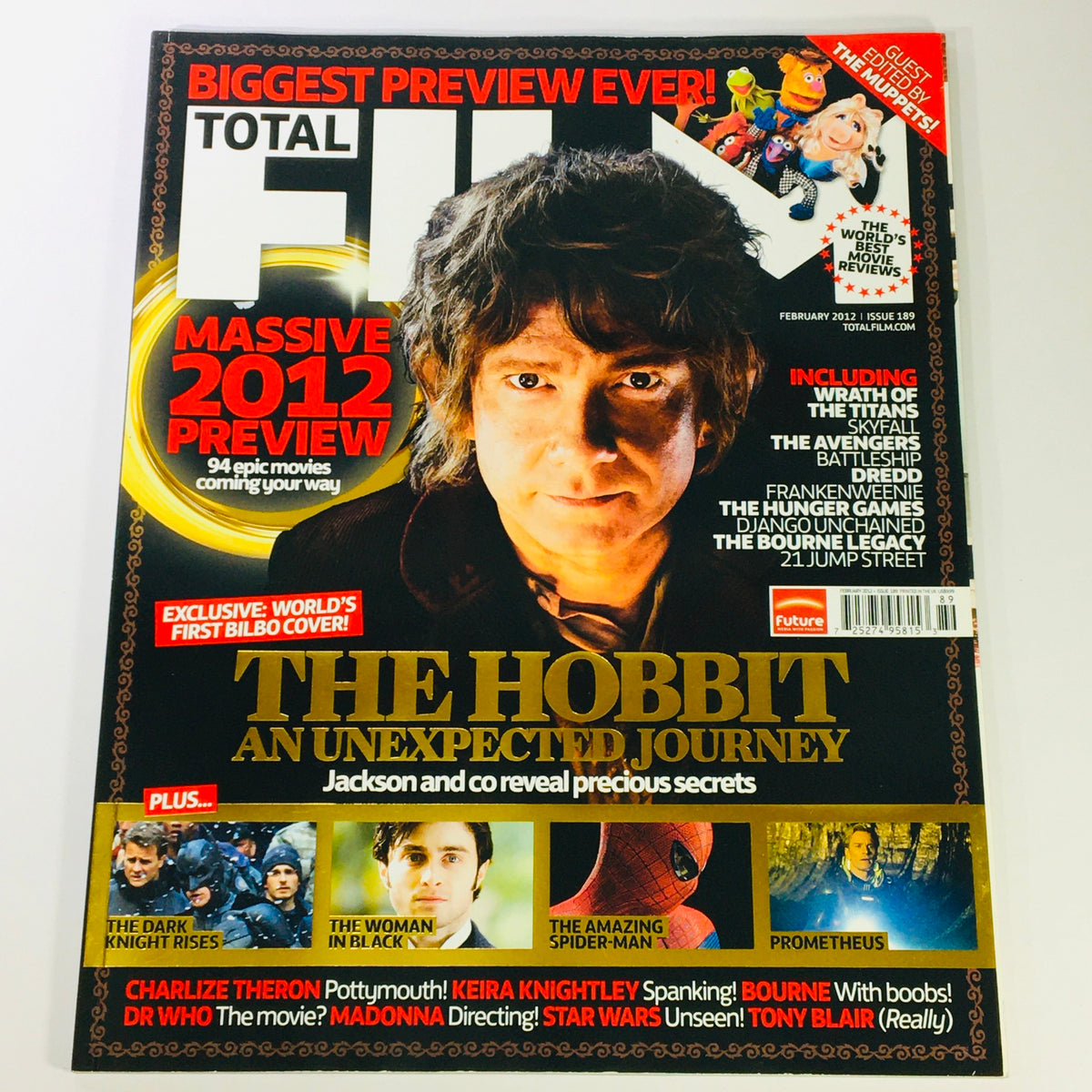 Total Film Magazine February 2012 #189 showcasing Martin Freeman on the cover, featuring highlights on movies like The Hobbit: An Unexpected Journey, The Dark Knight Rises, and Prometheus, along with a massive 2012 preview.