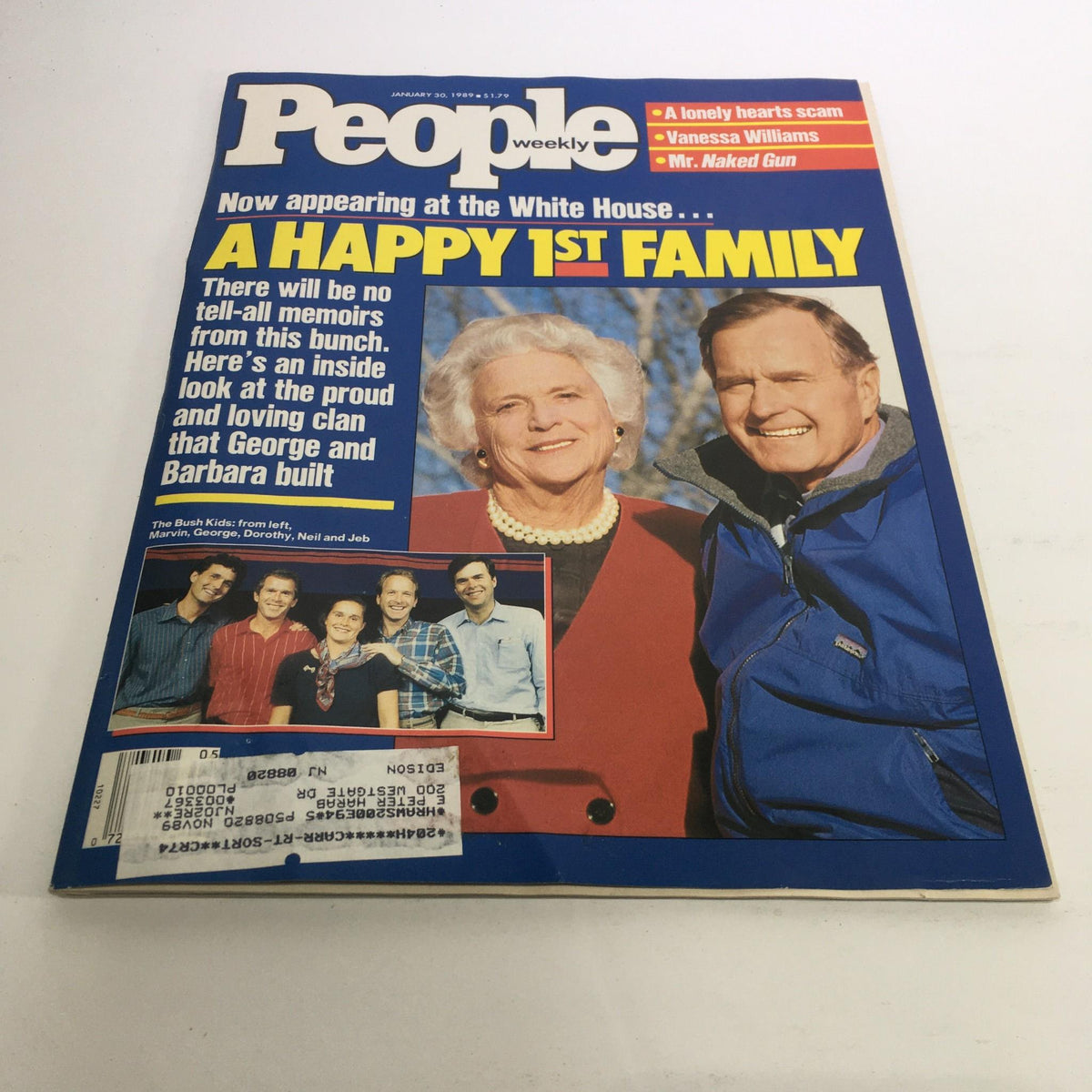Cover of People Magazine from January 30, 1989 featuring the headline 'A Happy 1st Family' at the White House, highlighting George and Barbara Bush with a photo of their children.