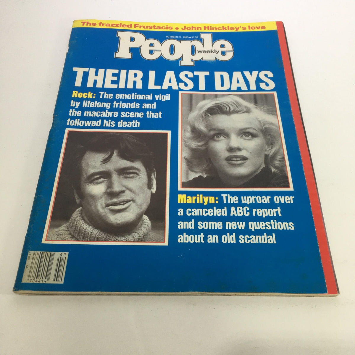 Cover of People Magazine from October 21, 1985, featuring the title "Their Last Days" discussing Rock Hudson and Marilyn Monroe. The magazine showcases a photo of Rock Hudson and a portrait of Marilyn Monroe, highlighting their emotional stories.