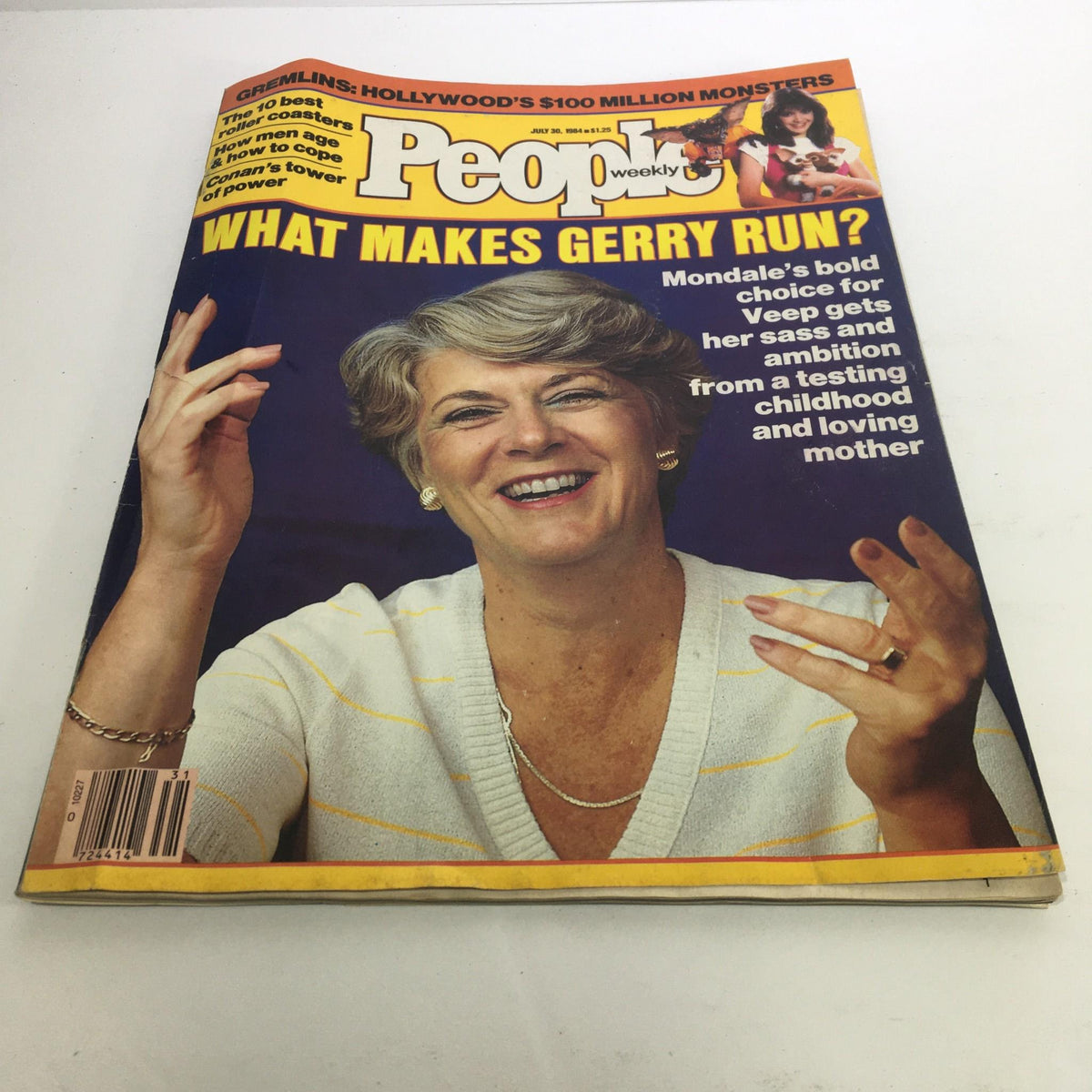 Cover of People Magazine, June 30, 1984, featuring the headline 'What Makes Gerry Run?' The image depicts a smiling woman in a white outfit with yellow stripes, showcasing elements of 1980s pop culture, alongside a headline about Gremlin's Hollywood monsters.