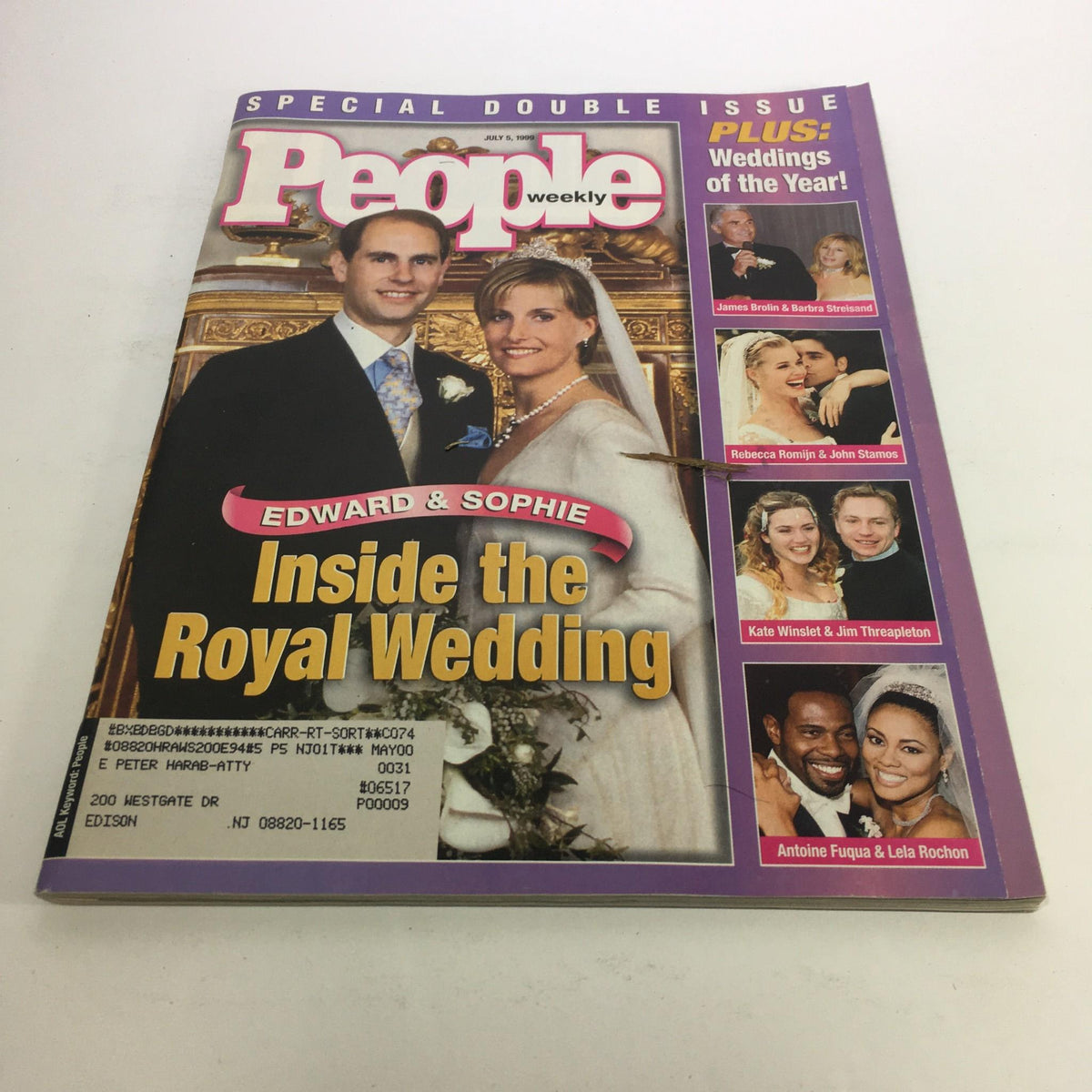 Cover of People Magazine from July 5, 1999, featuring Edward and Sophie on their royal wedding. The headline reads 'Edward & Sophie: Inside the Royal Wedding,' showcasing the special double issue with additional highlights of weddings of the year.
