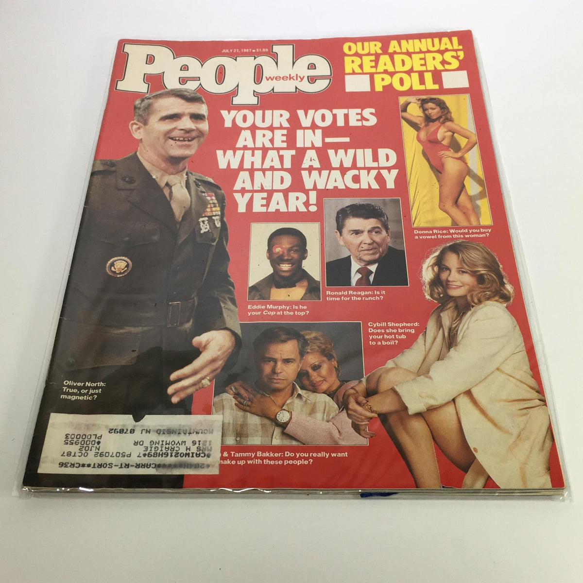 Cover of People Magazine from July 27, 1987 featuring the title 'Your Votes Are In - What A Wild and Wacky Year!' The cover highlights various celebrities and political figures, making it a nostalgic representation of late 80s pop culture.