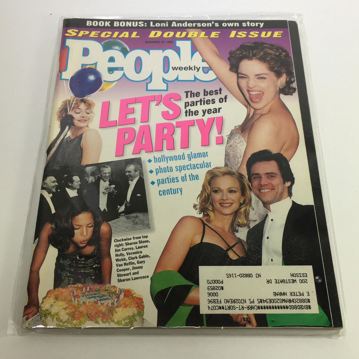 People Magazine November 20, 1995 cover featuring Sharon Stone, Jim Carrey, and Lauren Holly celebrating Hollywood glamour and notable parties of the year.