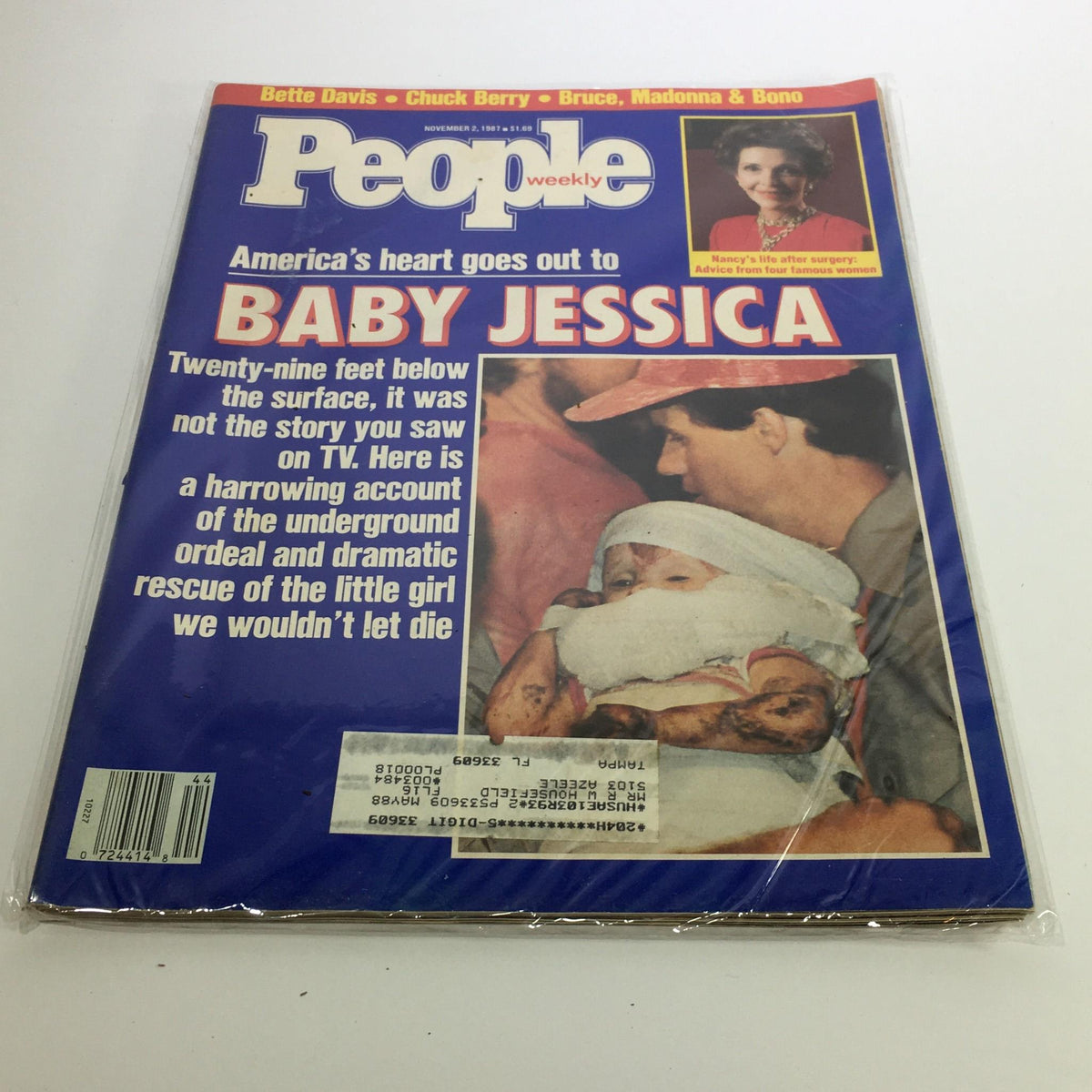 Cover of People Magazine from November 2, 1987, featuring the headline 'America's heart goes out to Baby Jessica' with a photo of Baby Jessica being rescued, showcasing a moment of national empathy and media impact during the late 1980s.