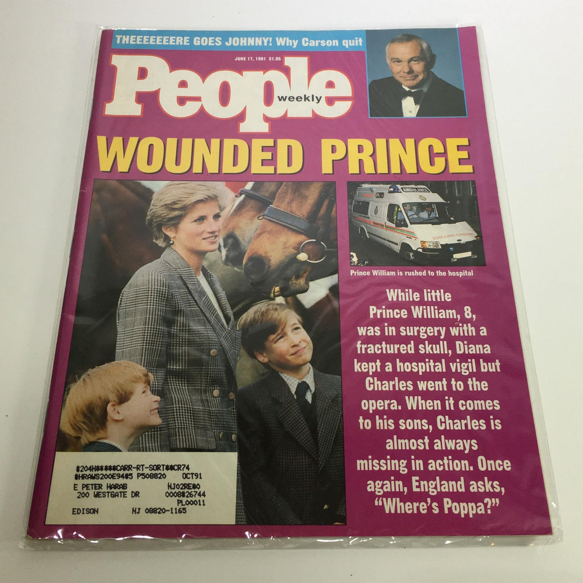 People Magazine cover from June 17, 1991, featuring Princess Diana with her sons Prince William and Prince Harry. The issue titled 'Wounded Prince' highlights Prince William's hospital visit after a fractured skull, showcasing a moment of royal family concern and love, accompanied by captivating photography.