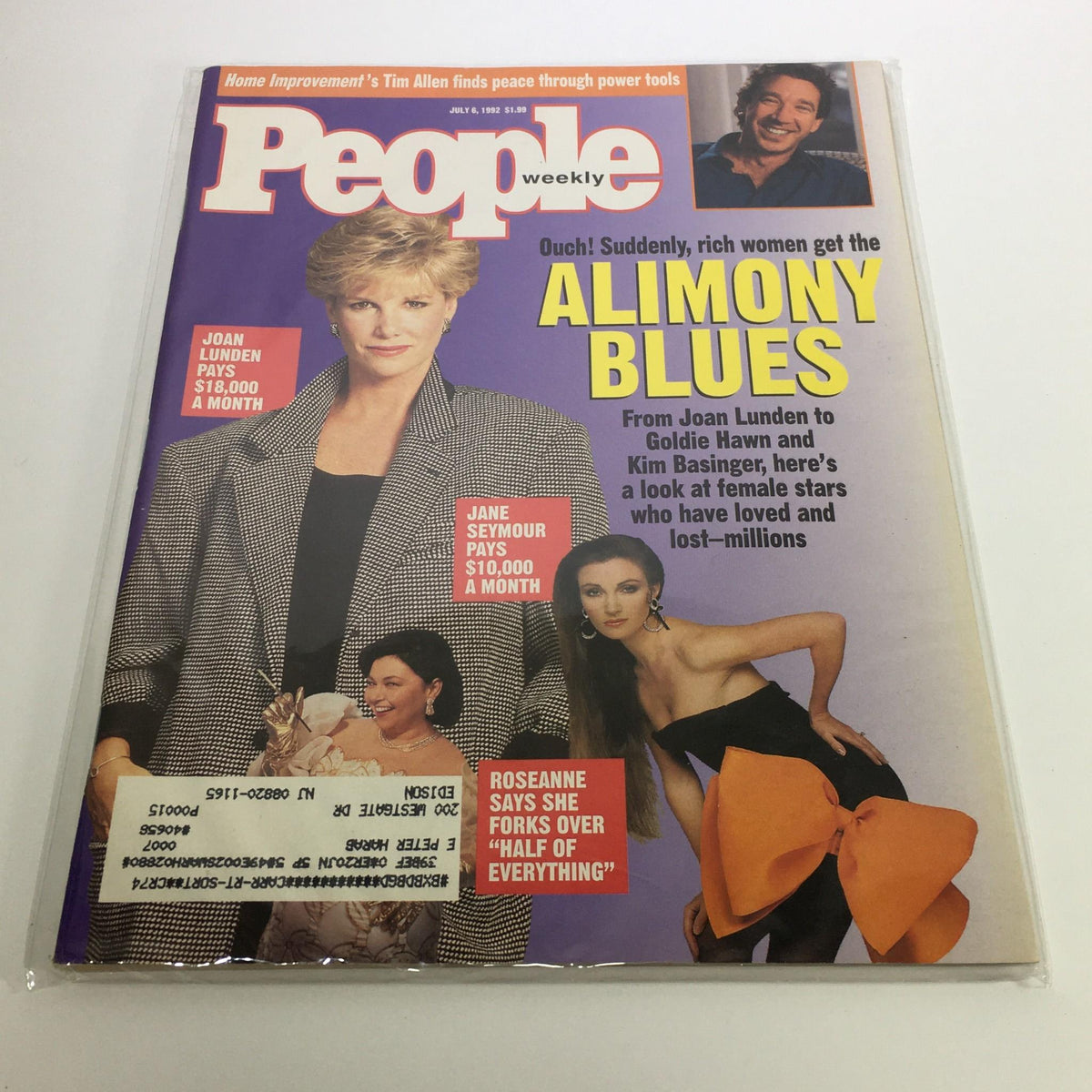 Cover of People Magazine from July 6, 1992, featuring the headline 'Alimony Blues' with Joan Lunden highlighted who pays $18,000 a month. The magazine showcases notable figures such as Jane Seymour and Roseanne discussing financial matters in celebrity culture.