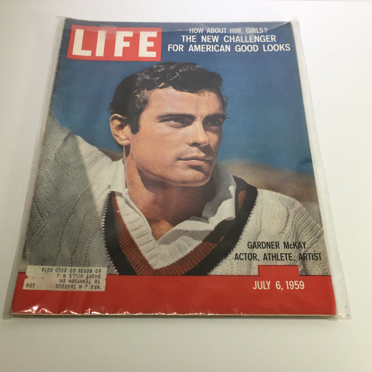 Cover of Life Magazine from July 6, 1959, featuring the headline 'The New Challenger for American Good Looks', showcasing a portrait of Gardner McKay, described as an actor, athlete, and artist, in a stylish knit sweater.